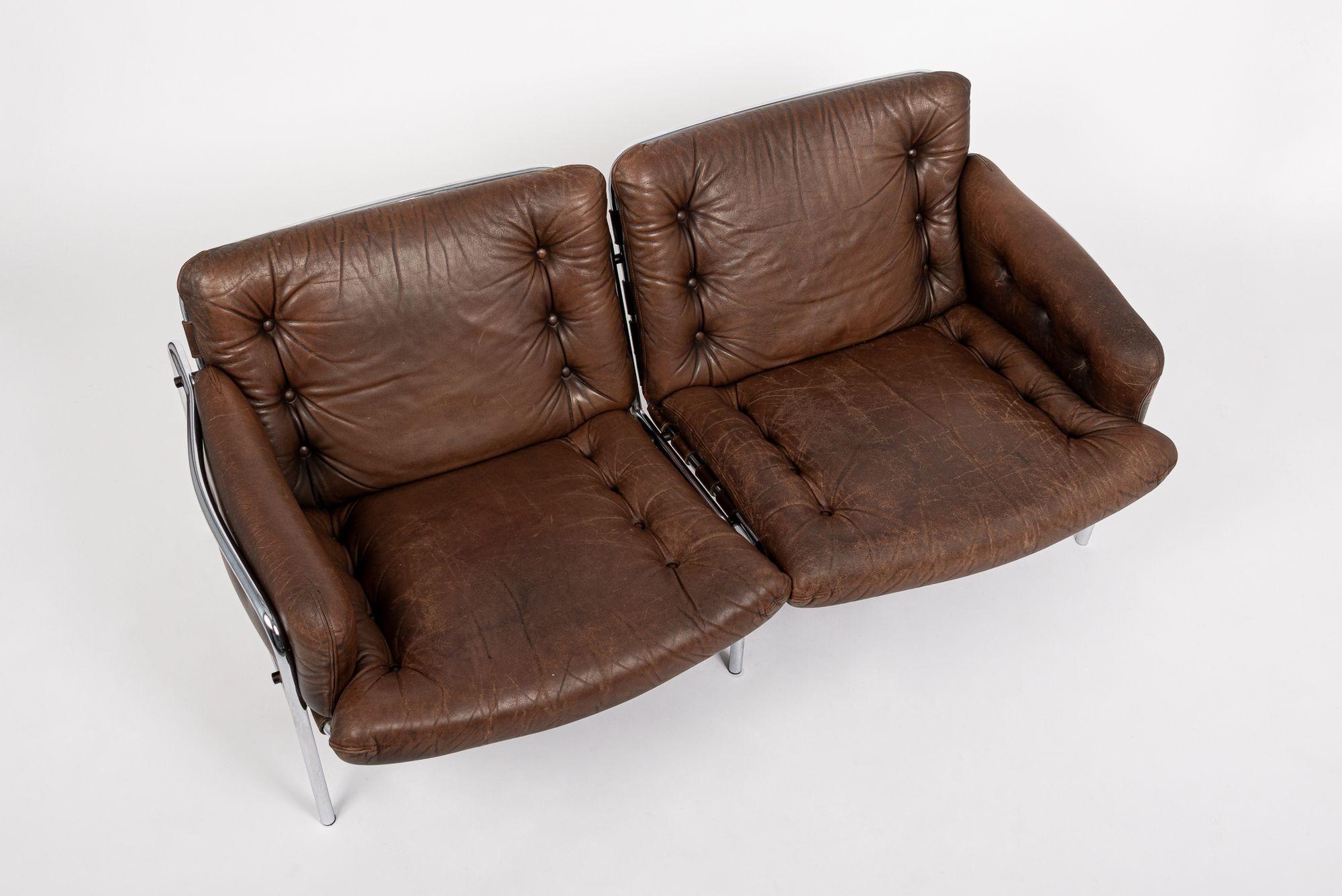 American Mid Century Modern Brown Leather Loveseat Sofa 1970s For Sale