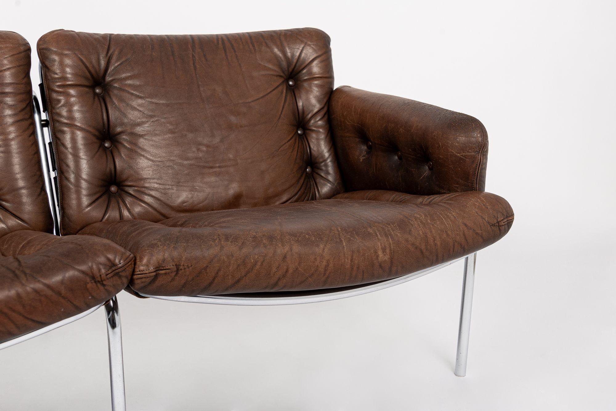 Steel Mid Century Modern Brown Leather Loveseat Sofa 1970s For Sale