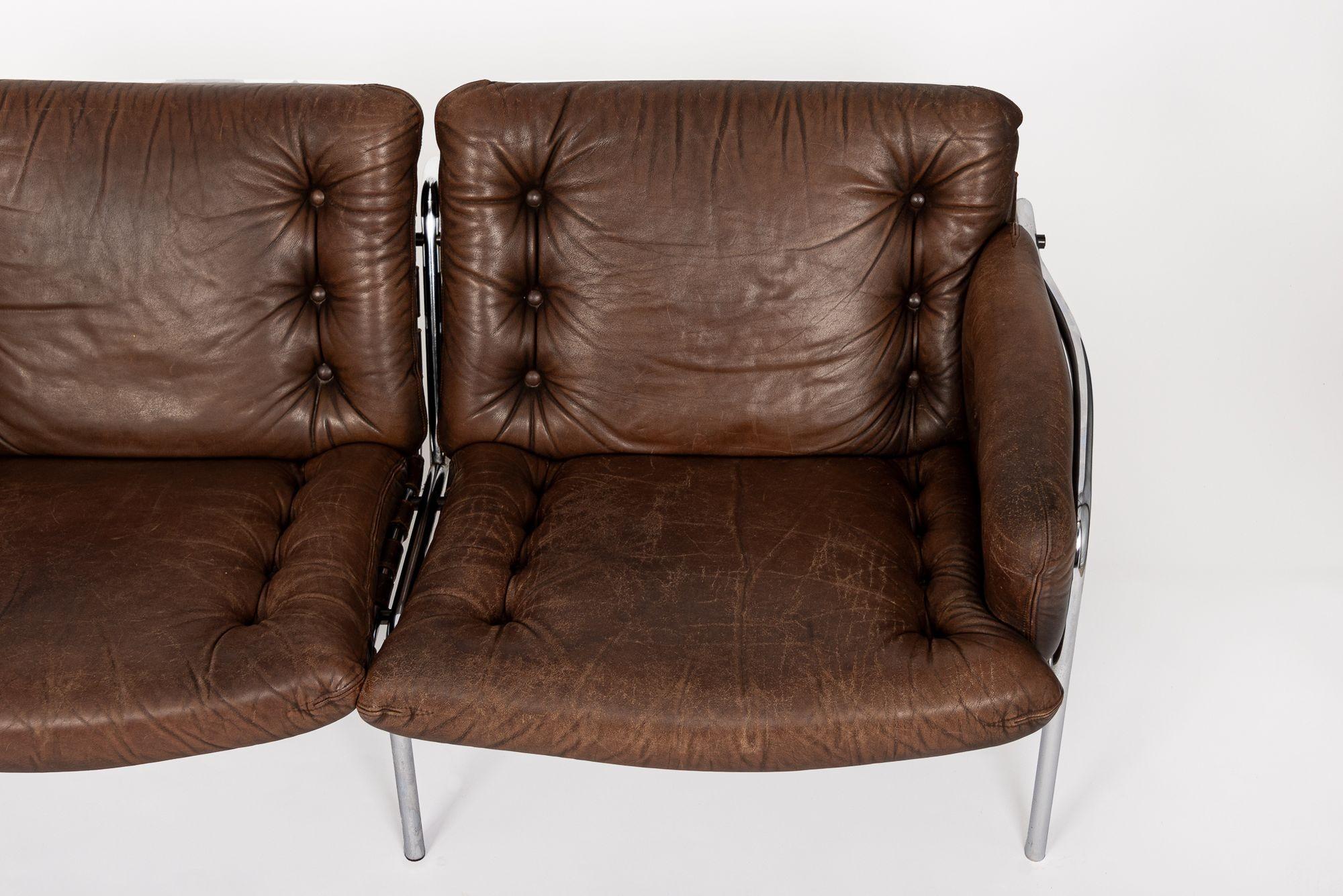 Mid Century Modern Brown Leather Loveseat Sofa 1970s For Sale 2