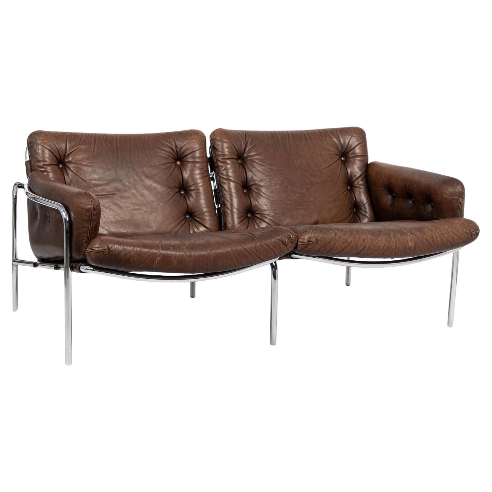 Mid Century Modern Brown Leather Loveseat Sofa 1970s For Sale