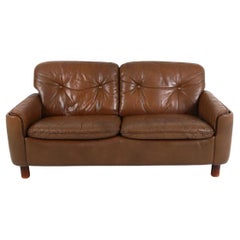 Mid-Century Modern brown Leather loveseat Sofa round Legs Sigurd Resell Norway