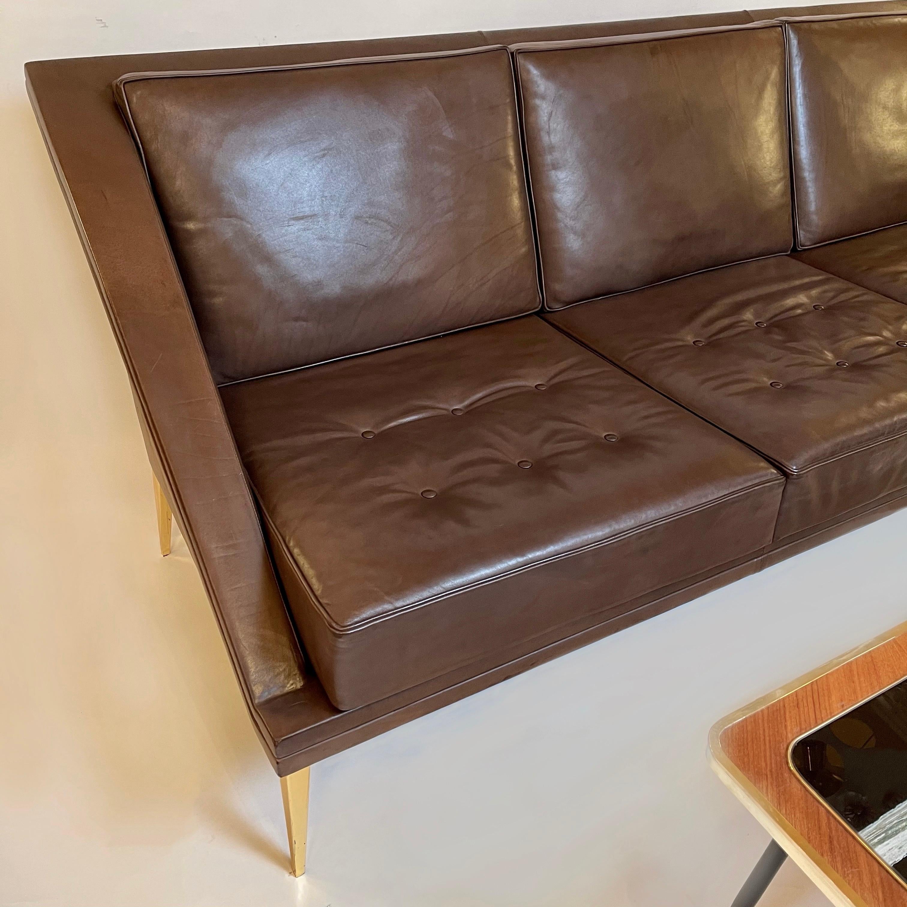 Mid-Century Modern Brown Leather Sofa with Tapered Gilt Metal Legs by C. Ramos 5