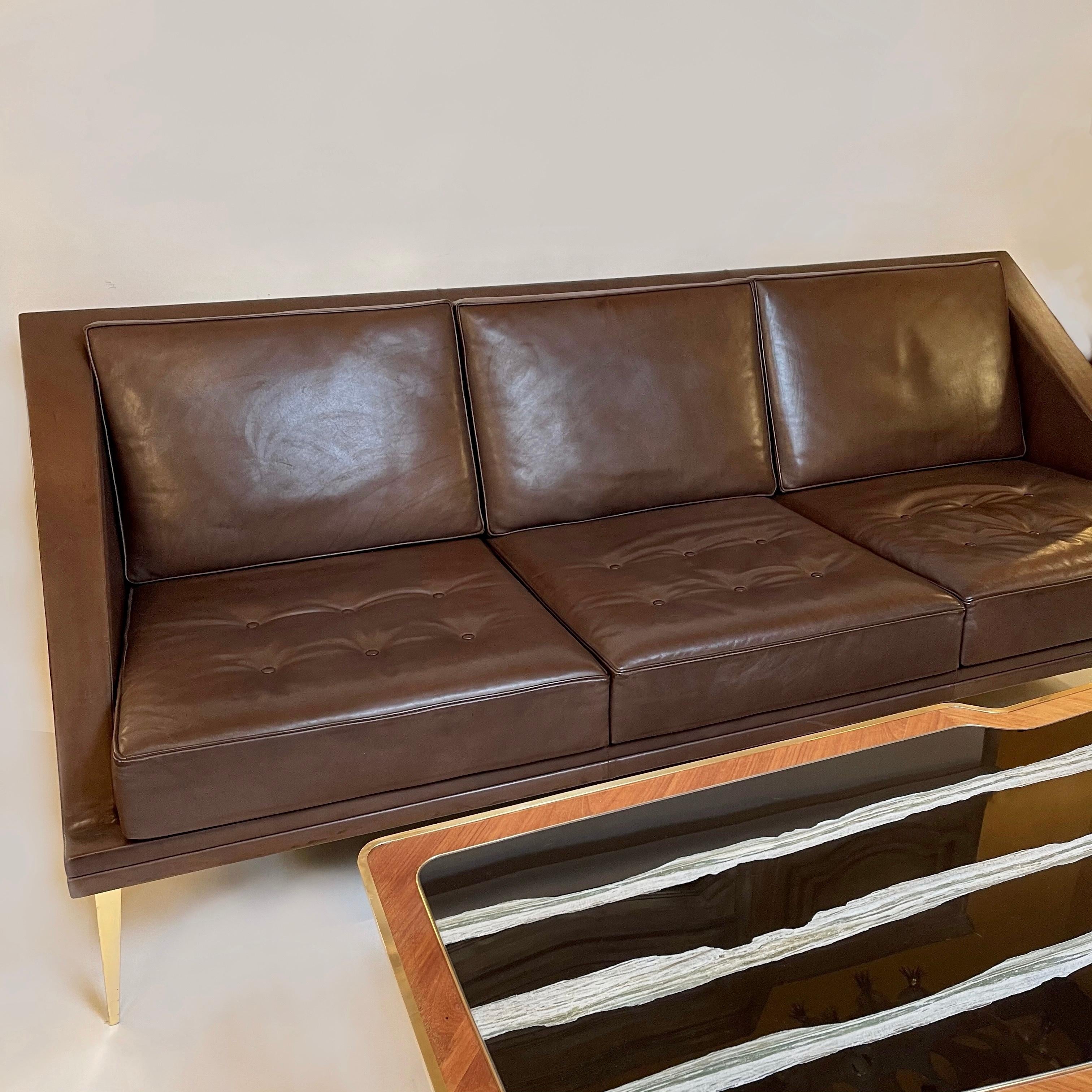 Mid-Century Modern Brown Leather Sofa with Tapered Gilt Metal Legs by C. Ramos 6