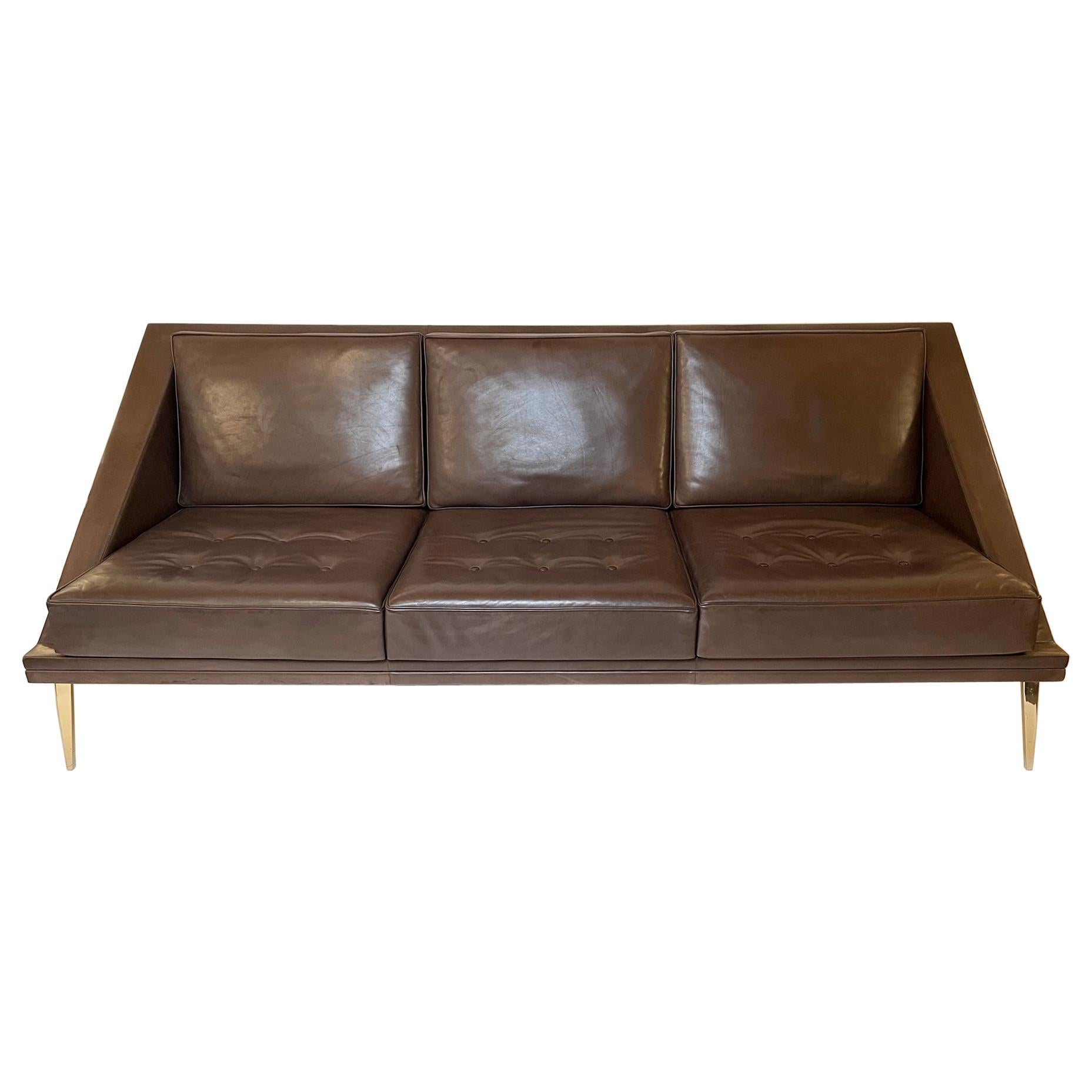 Mid Century Modern Brown Leather Sofa, Leather Couch Metal Legs