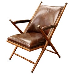 Mid-Century Modern Brown Leather 
Wood Safari Accent Lounge Chair, 1970s