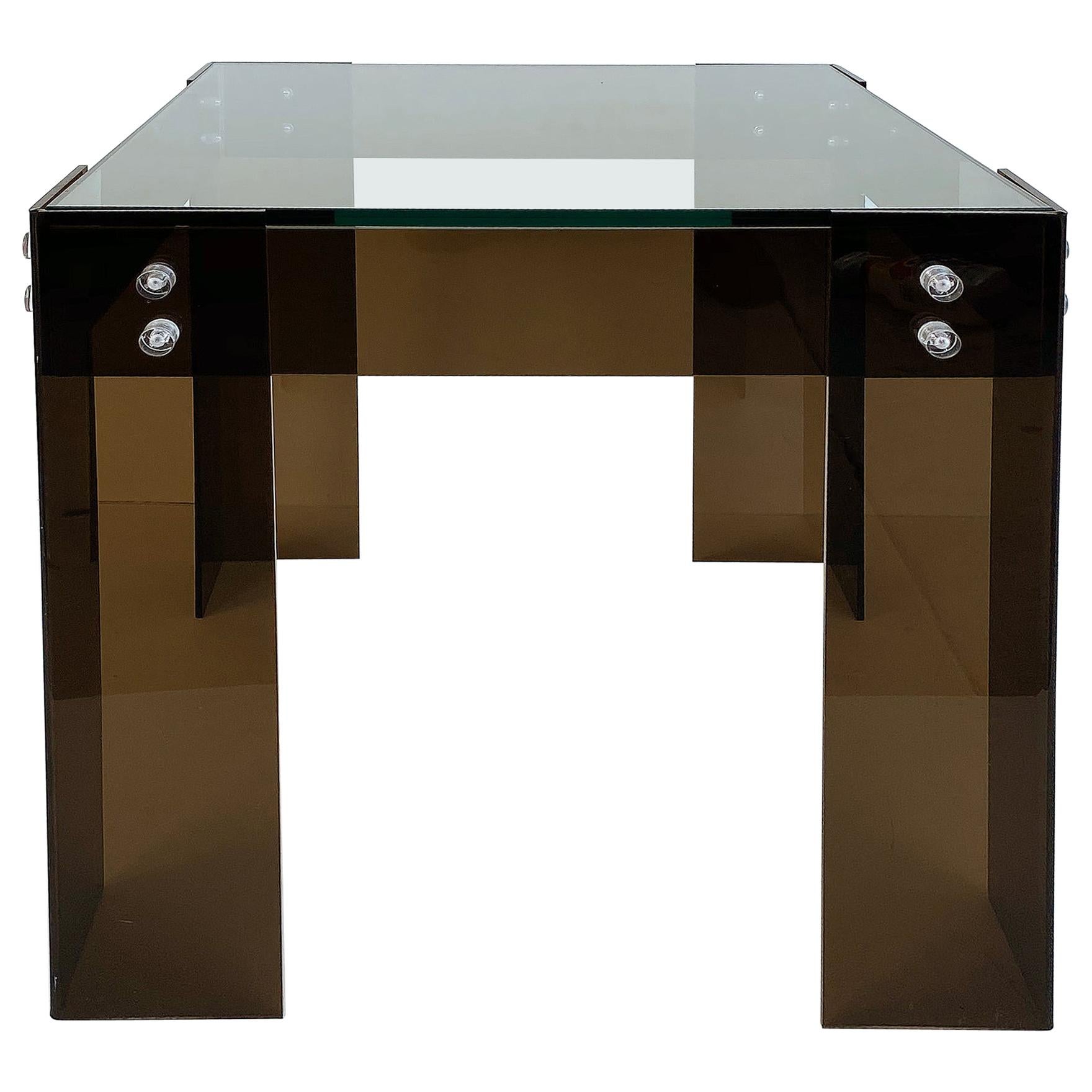 Mid-Century Modern Brown Lucite Side Table with Inset Glass Top