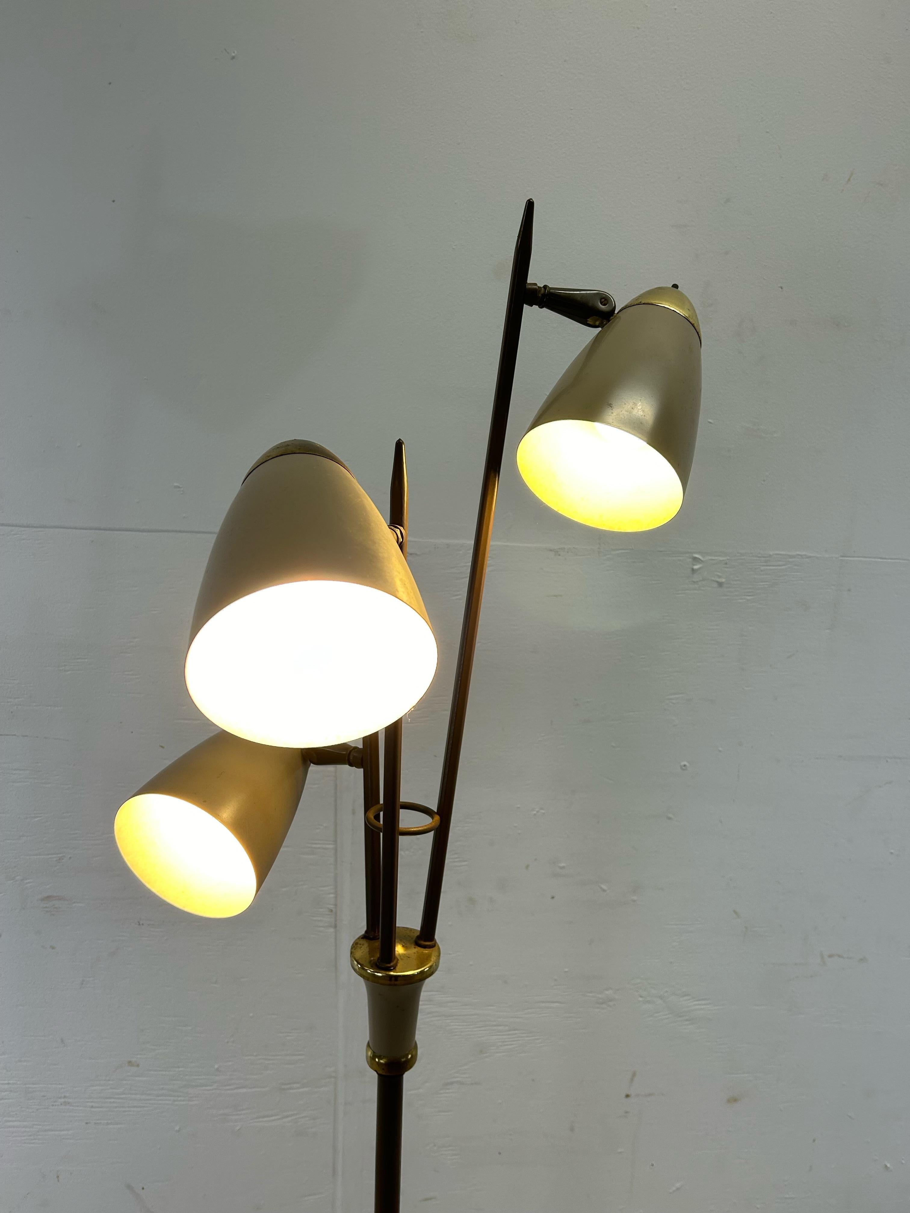 American Mid Century Modern Brown Metal Floor Lamp with Brass Accents For Sale