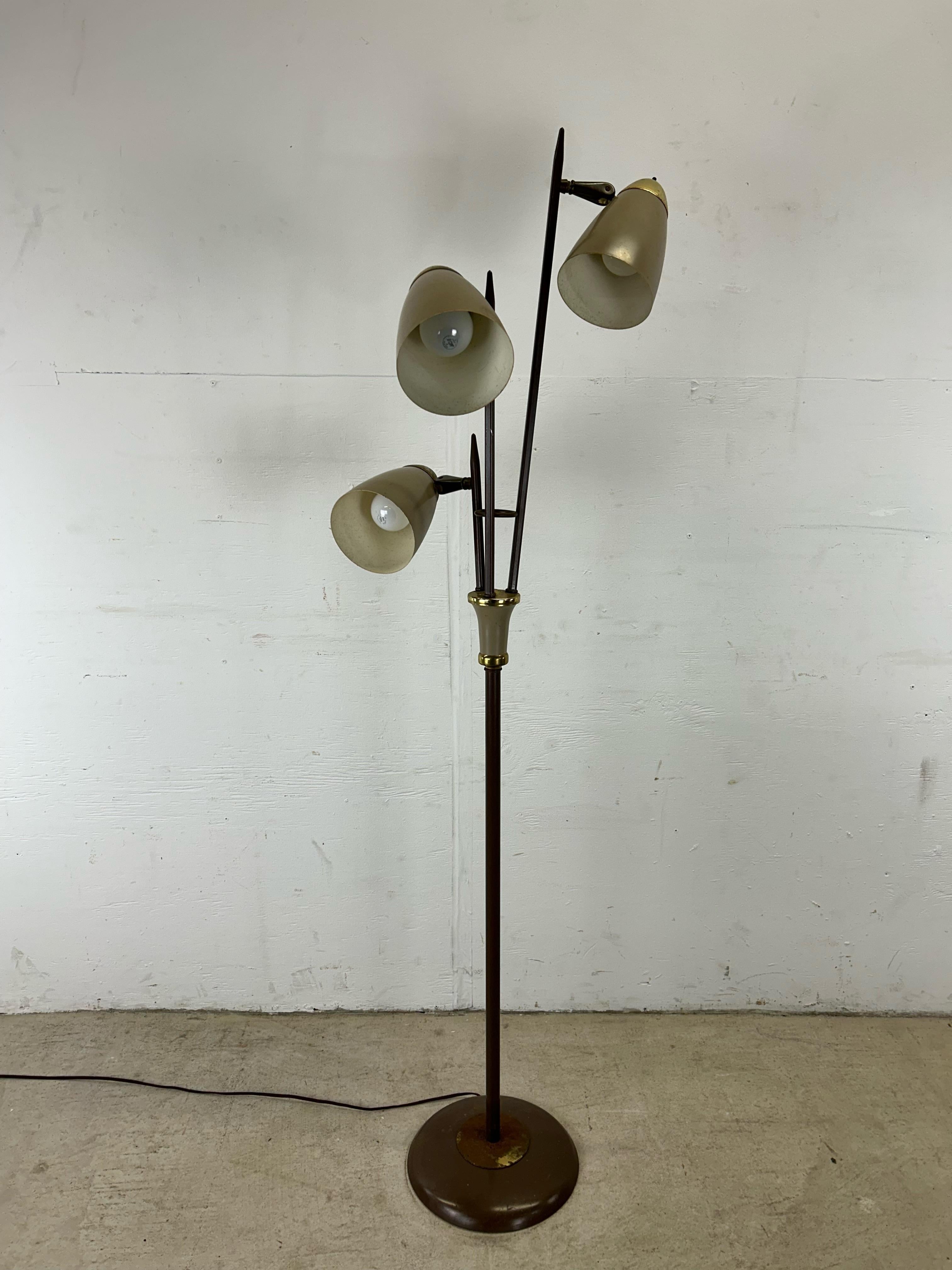 20th Century Mid Century Modern Brown Metal Floor Lamp with Brass Accents For Sale