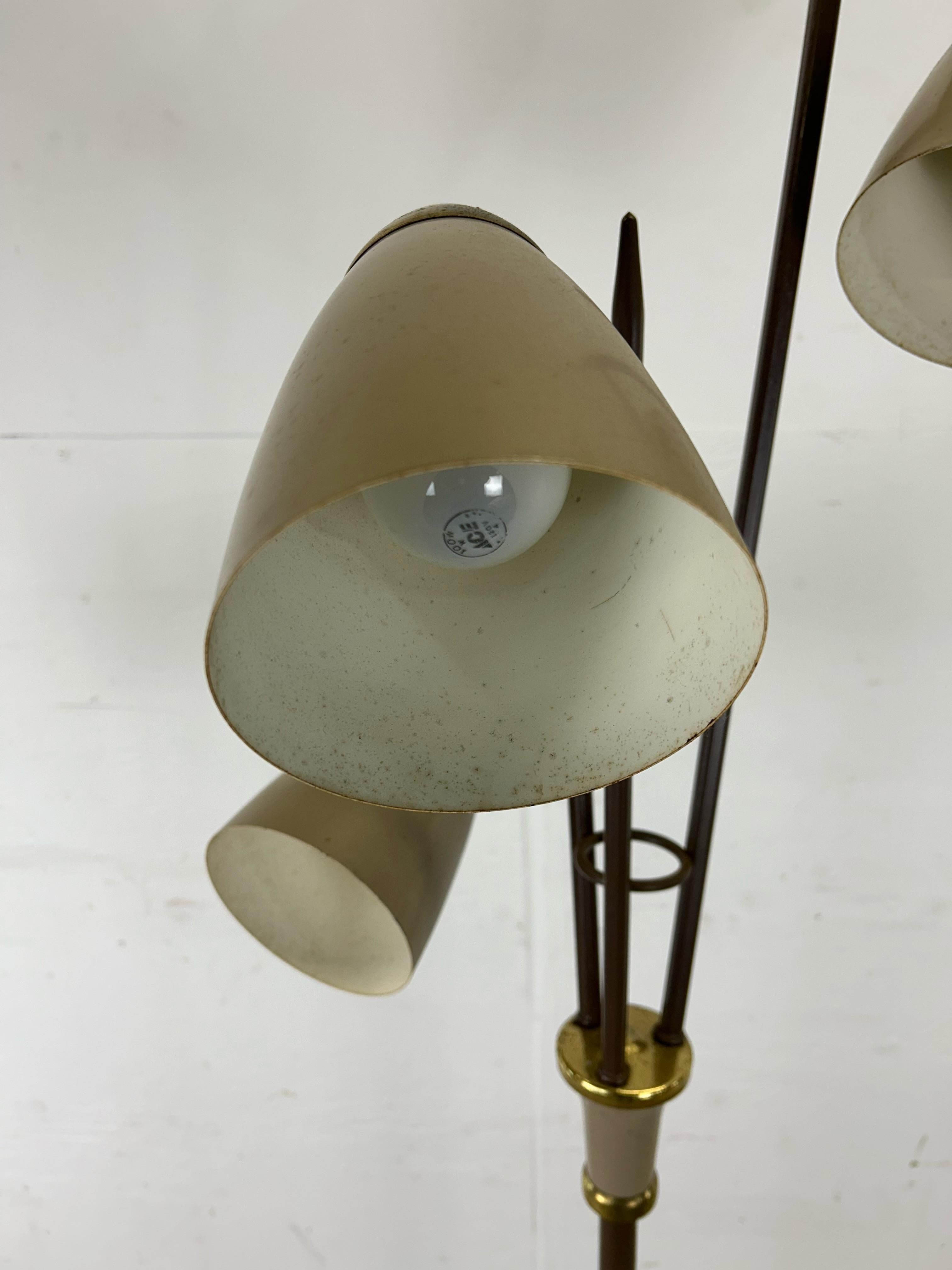 Mid Century Modern Brown Metal Floor Lamp with Brass Accents For Sale 1