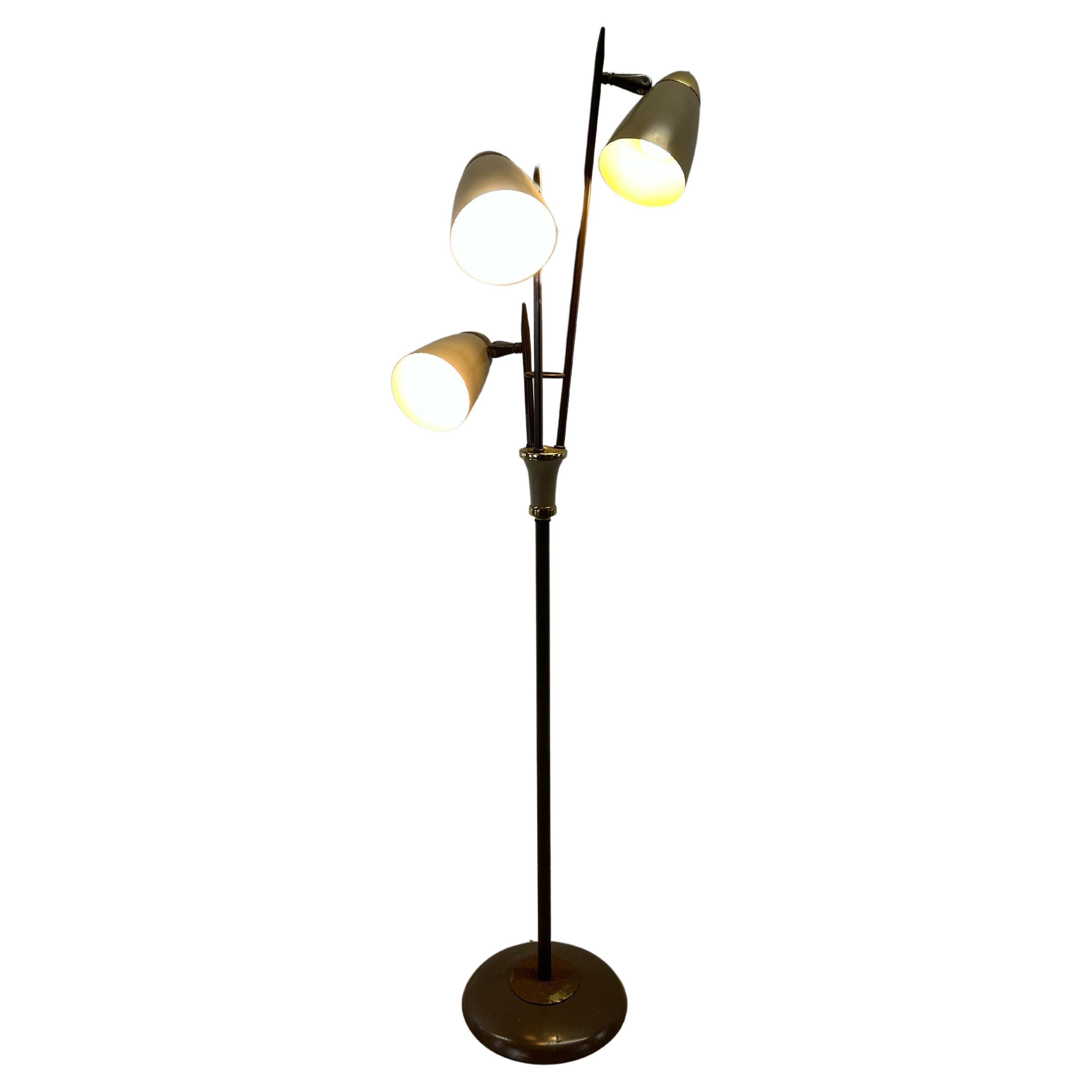 Mid Century Modern Brown Metal Floor Lamp with Brass Accents