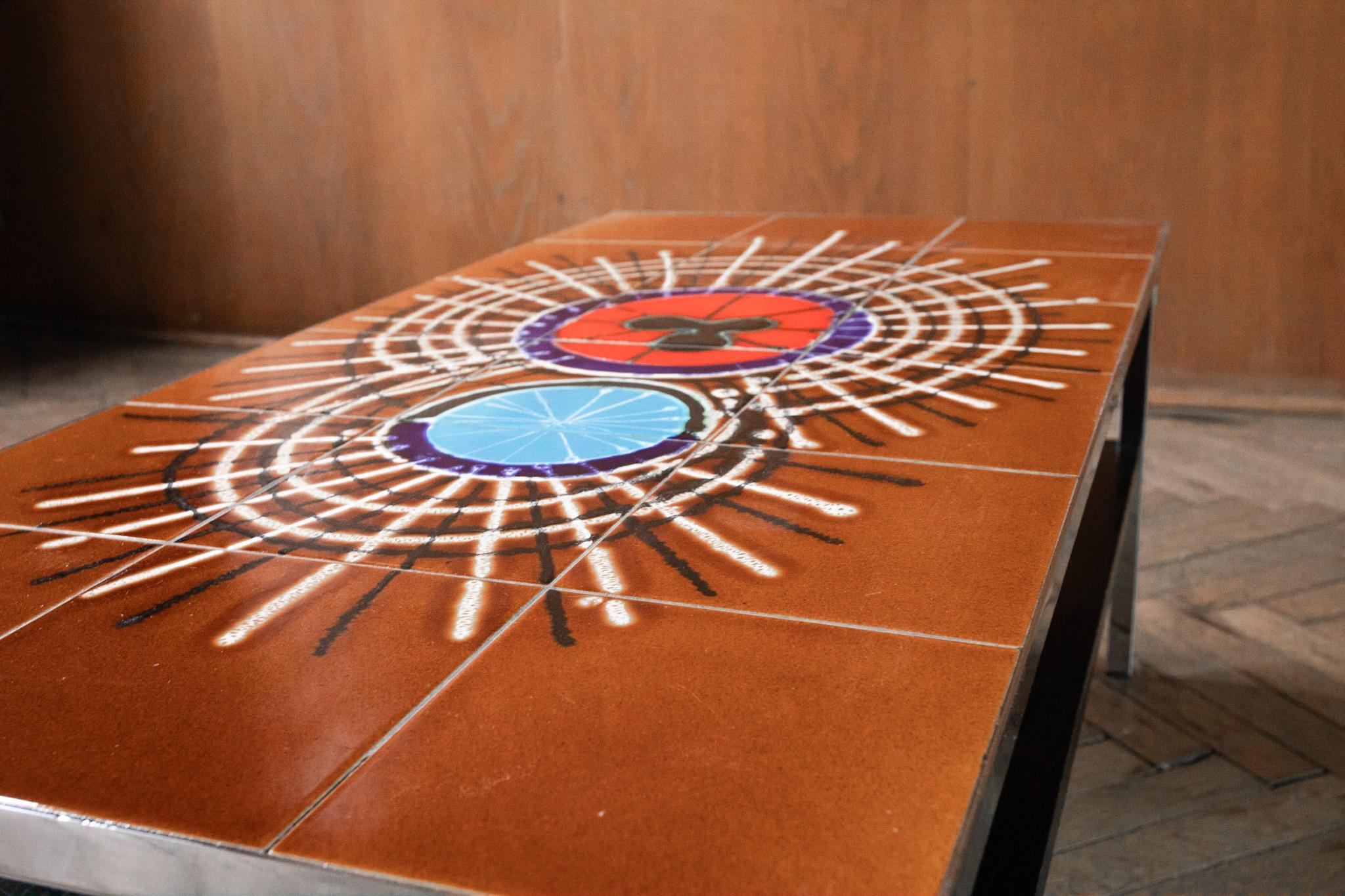 Belgian Mid-Century Modern Brown Orange Tiled Coffee Table by Juliette Belarti, 1970s