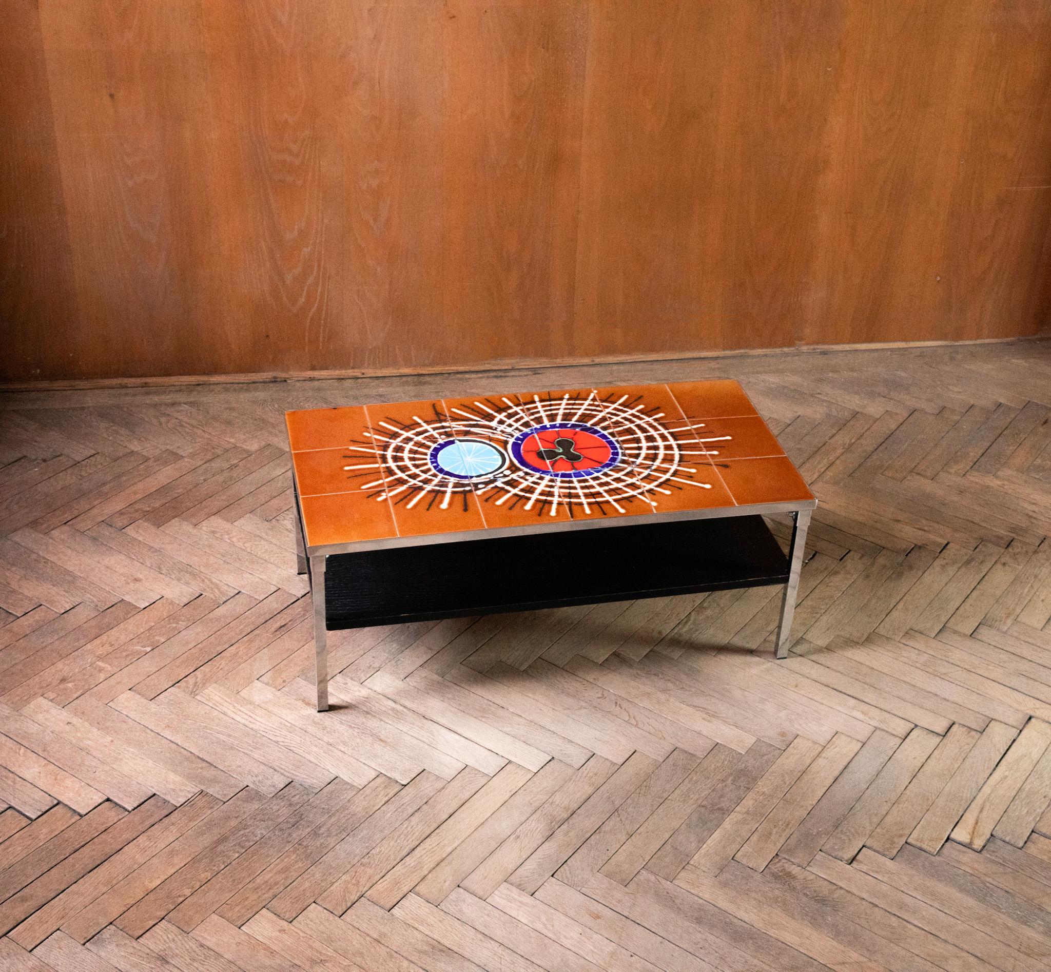 Mid-Century Modern Brown Orange Tiled Coffee Table by Juliette Belarti, 1970s 1
