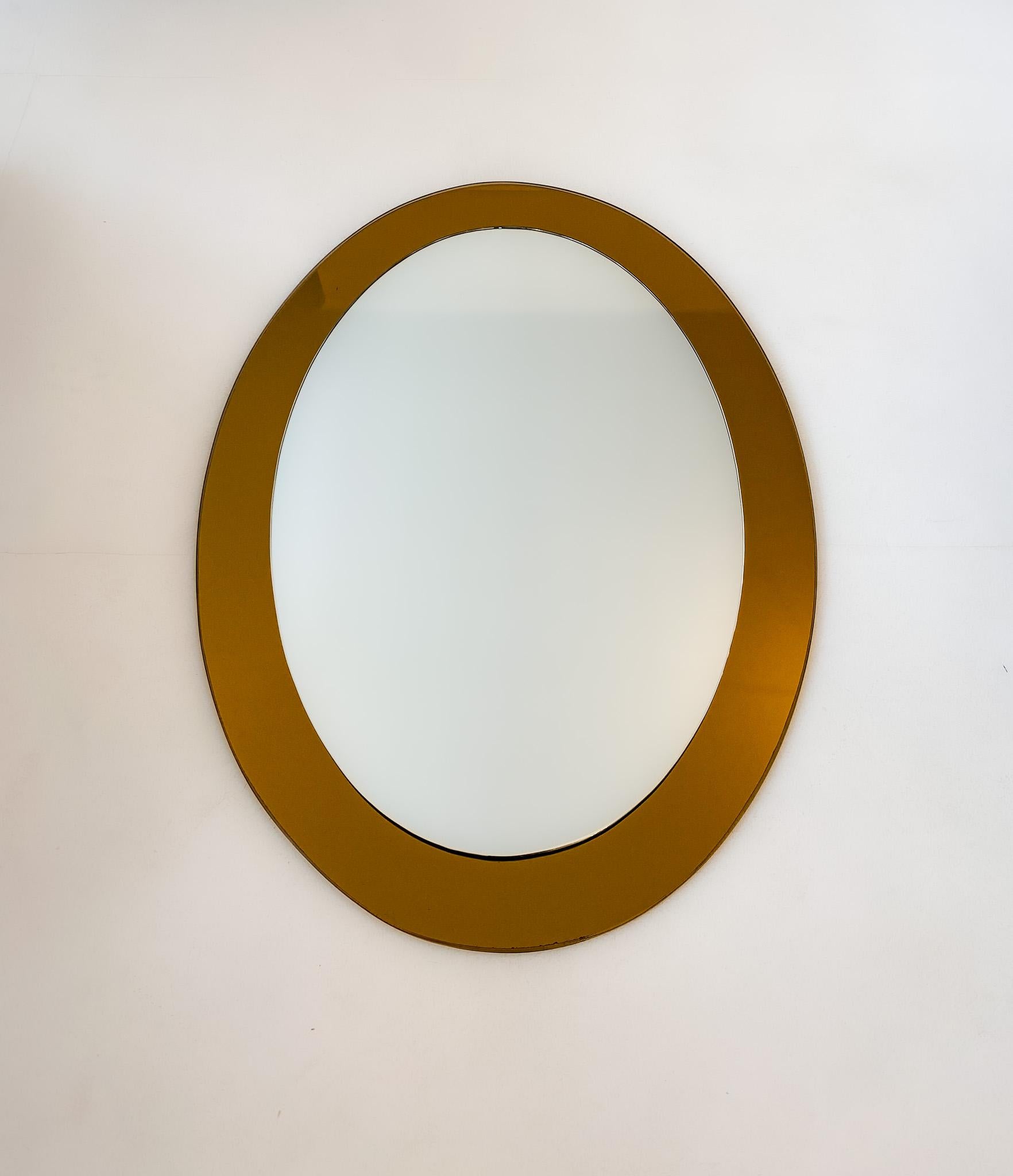 Italian Mid-Century Modern Brown Oval Glass Wall Mirror, Italy 1970s For Sale