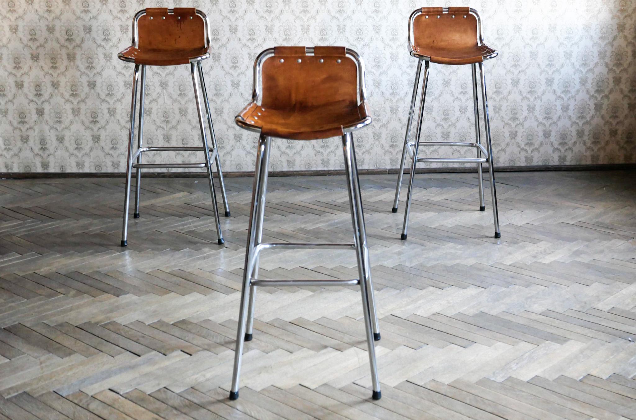 French Mid-Century Modern Brown Saddle Leather Bar Stools, Ch. Perriand, France, 1960s