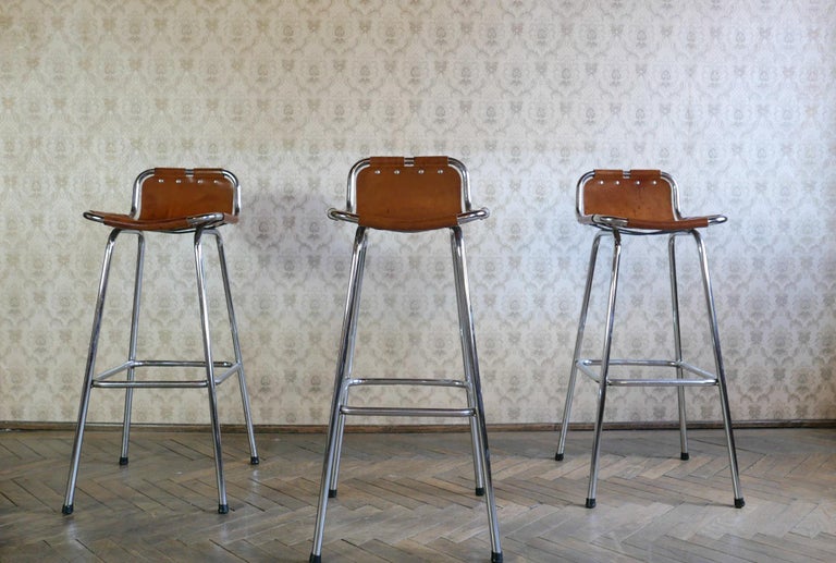 Mid-Century Modern Brown Saddle Leather Bar Stools, Ch. Perriand, France, 1960s In Good Condition In Vienna, AT