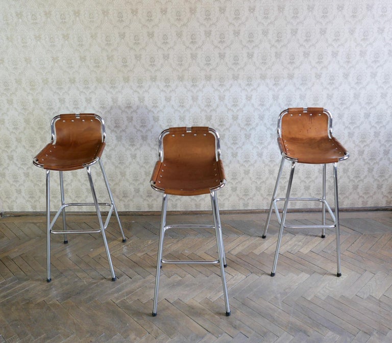 Mid-Century Modern Brown Saddle Leather Bar Stools, Ch. Perriand, France, 1960s 1