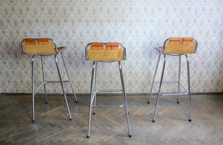 Mid-Century Modern Brown Saddle Leather Bar Stools, Ch. Perriand, France, 1960s 2