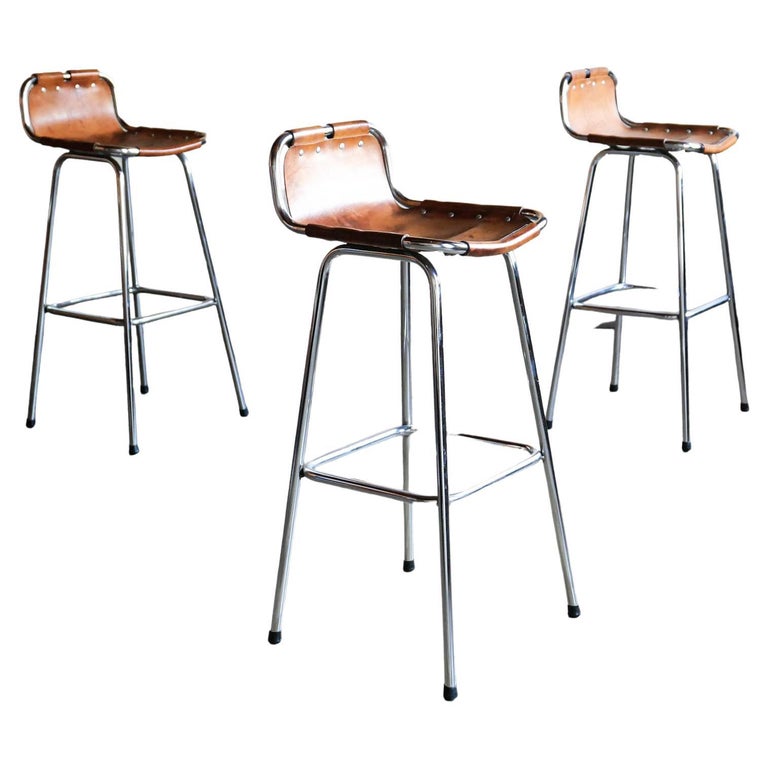Mid-Century Modern Brown Saddle Leather Bar Stools, Ch. Perriand, France, 1960s
