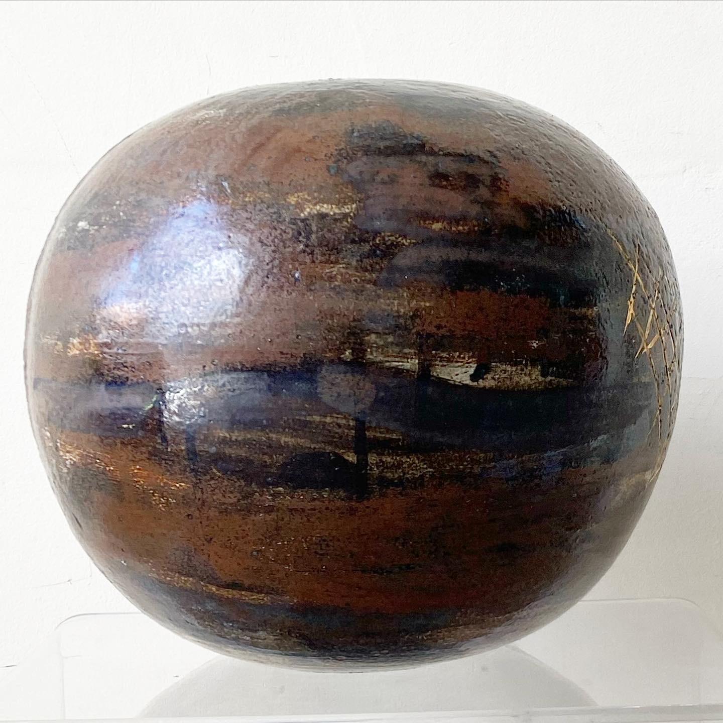 Mid Century Modern Brown Spherical Danish Pottery Vase In Good Condition For Sale In Delray Beach, FL