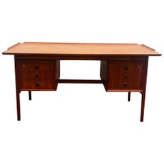 Mid-Century Modern Brown Teak Desk with Drawers