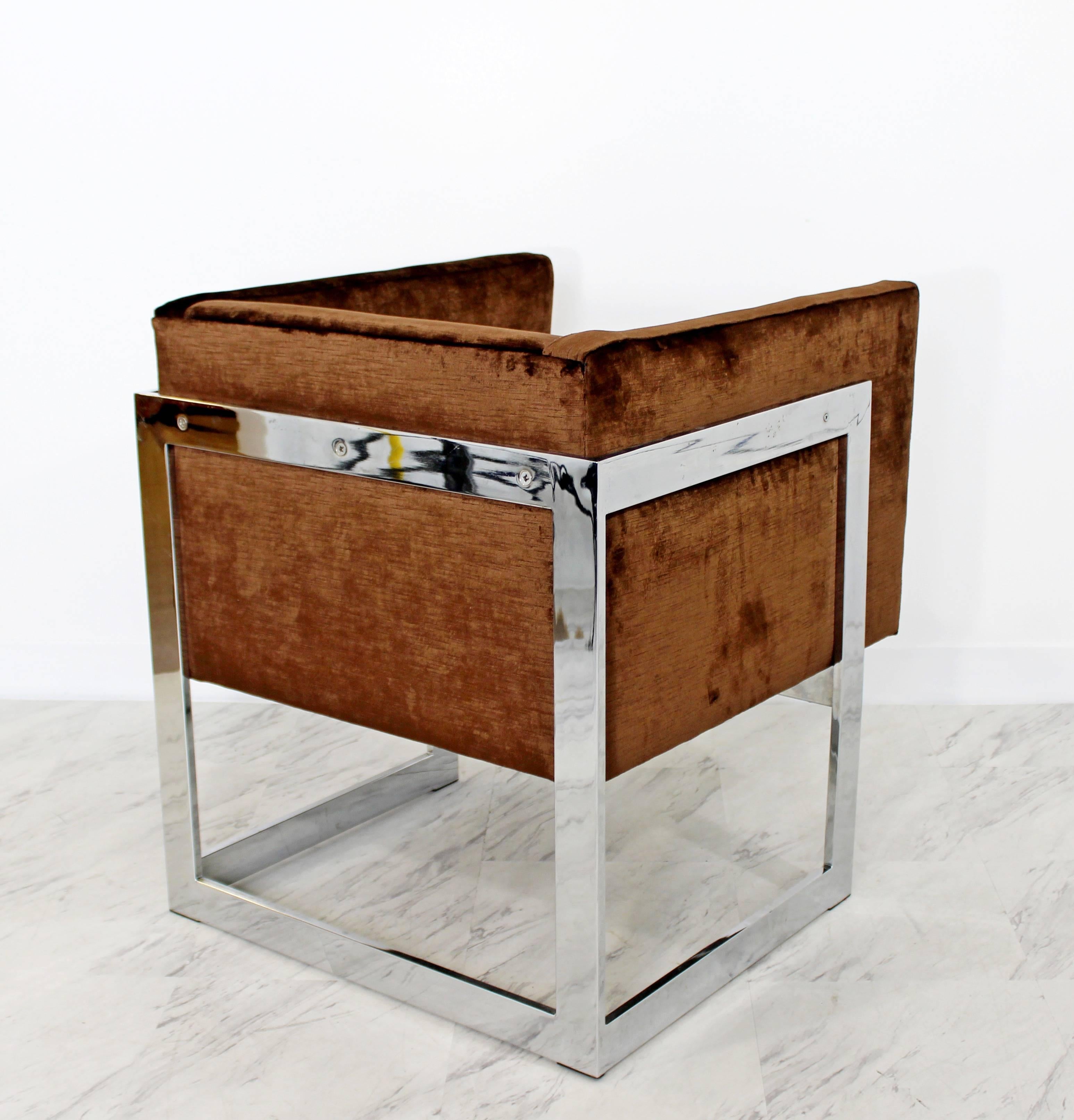 American Mid-Century Modern Brown Velvet Chrome Cube Lounge Accent Chair Baughman, 1970s