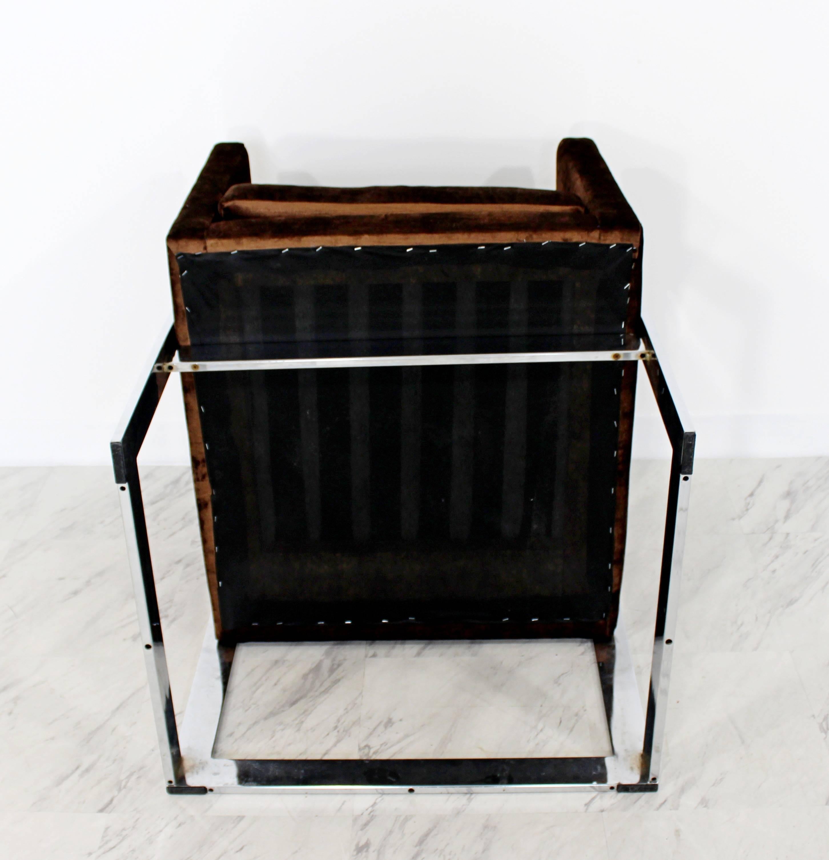 Late 20th Century Mid-Century Modern Brown Velvet Chrome Cube Lounge Accent Chair Baughman, 1970s
