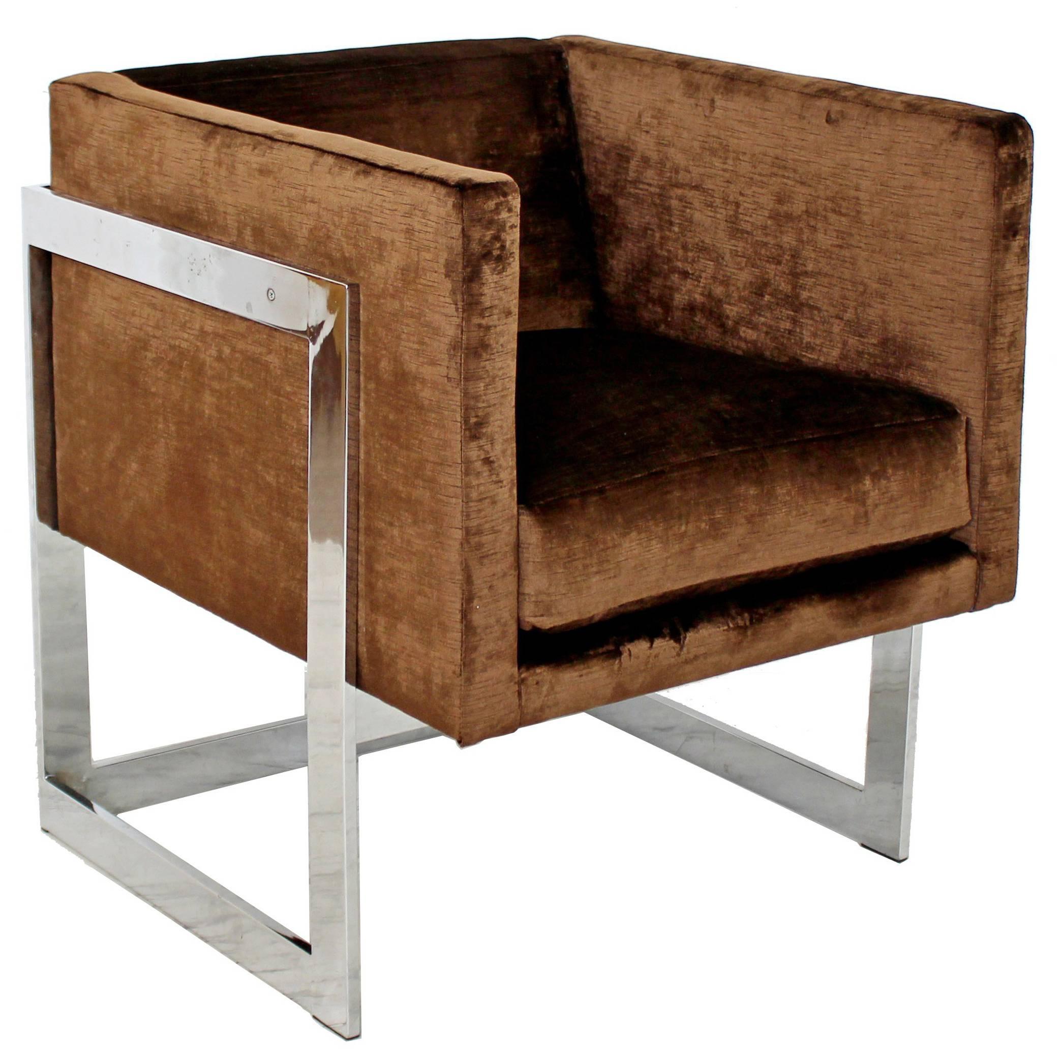 Mid-Century Modern Brown Velvet Chrome Cube Lounge Accent Chair Baughman, 1970s