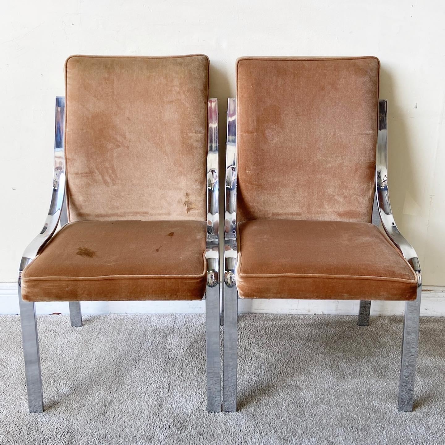 American Mid Century Modern Brown Velvet & Chrome Dining Chairs - 6 Pieces