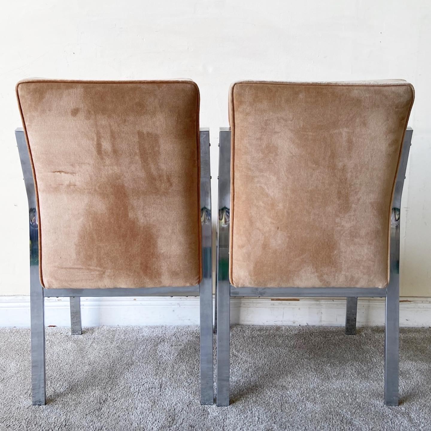 Mid Century Modern Brown Velvet & Chrome Dining Chairs - 6 Pieces In Good Condition In Delray Beach, FL