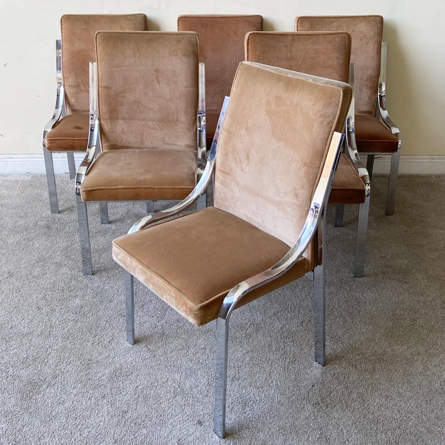 Mid Century Modern Brown Velvet & Chrome Dining Chairs - 6 Pieces 1