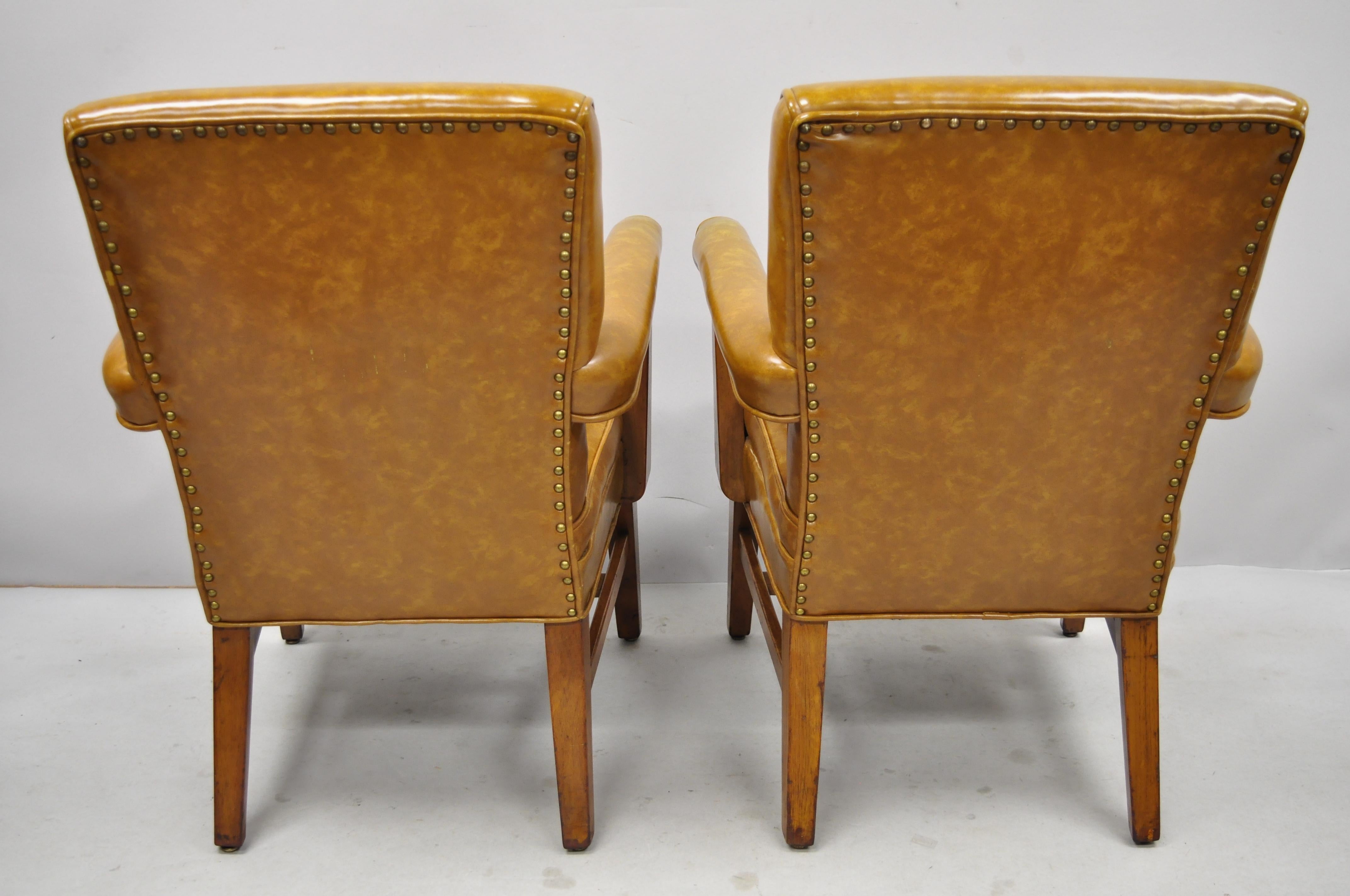 Mid-Century Modern Brown Vinyl Sculpted Wood Office Library Armchairs, a Pair 4