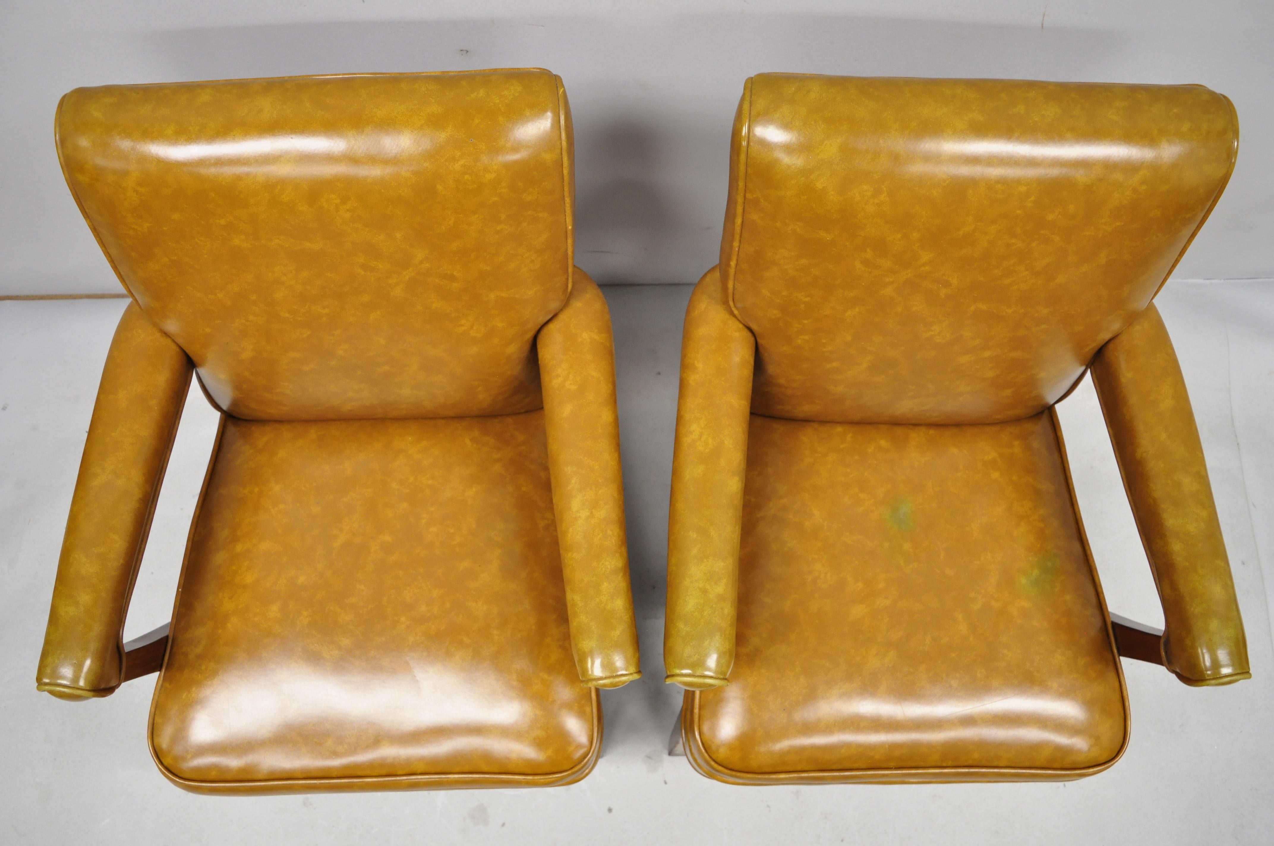 20th Century Mid-Century Modern Brown Vinyl Sculpted Wood Office Library Armchairs, a Pair