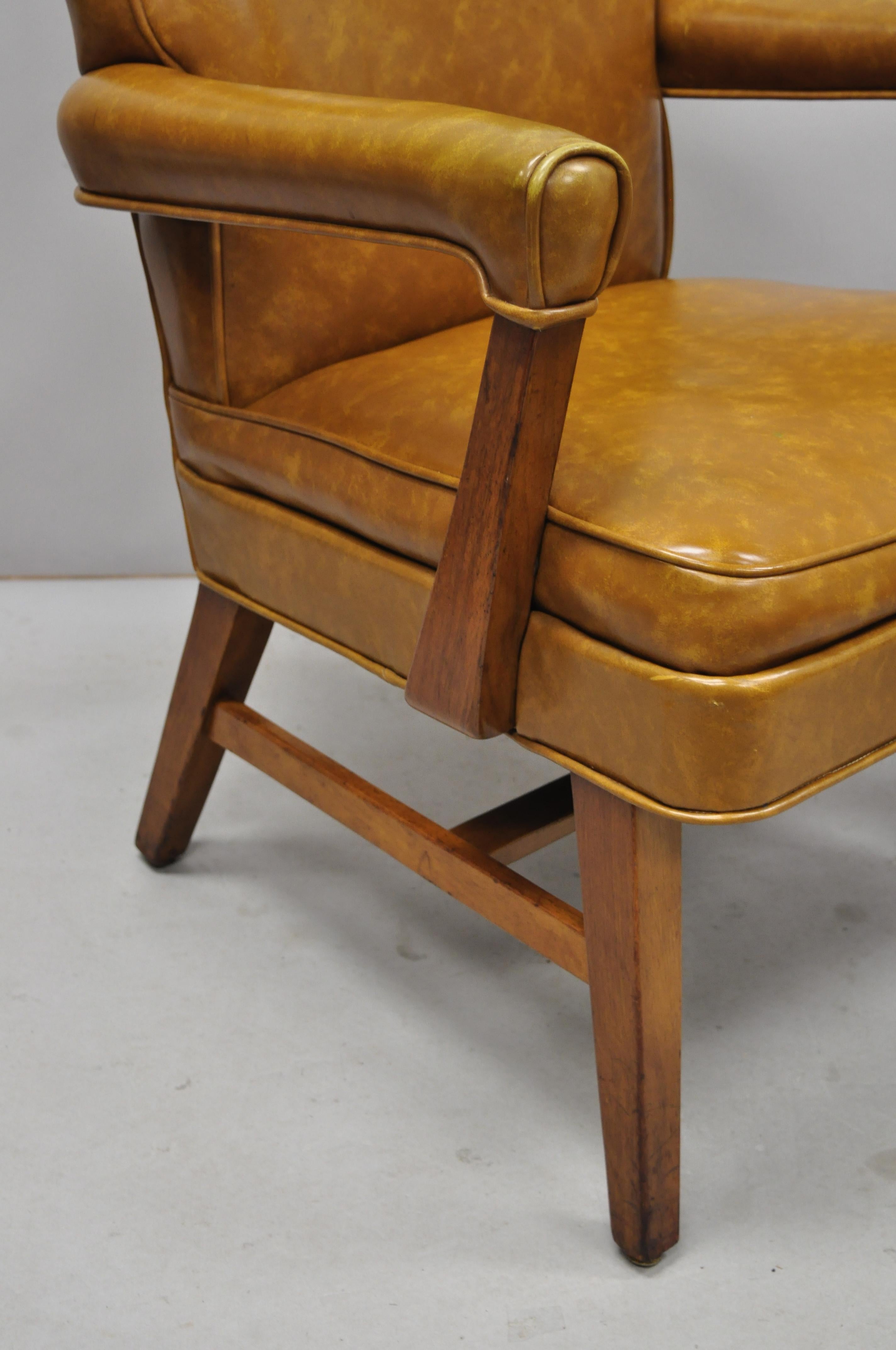 Mid-Century Modern Brown Vinyl Sculpted Wood Office Library Armchairs, a Pair 1