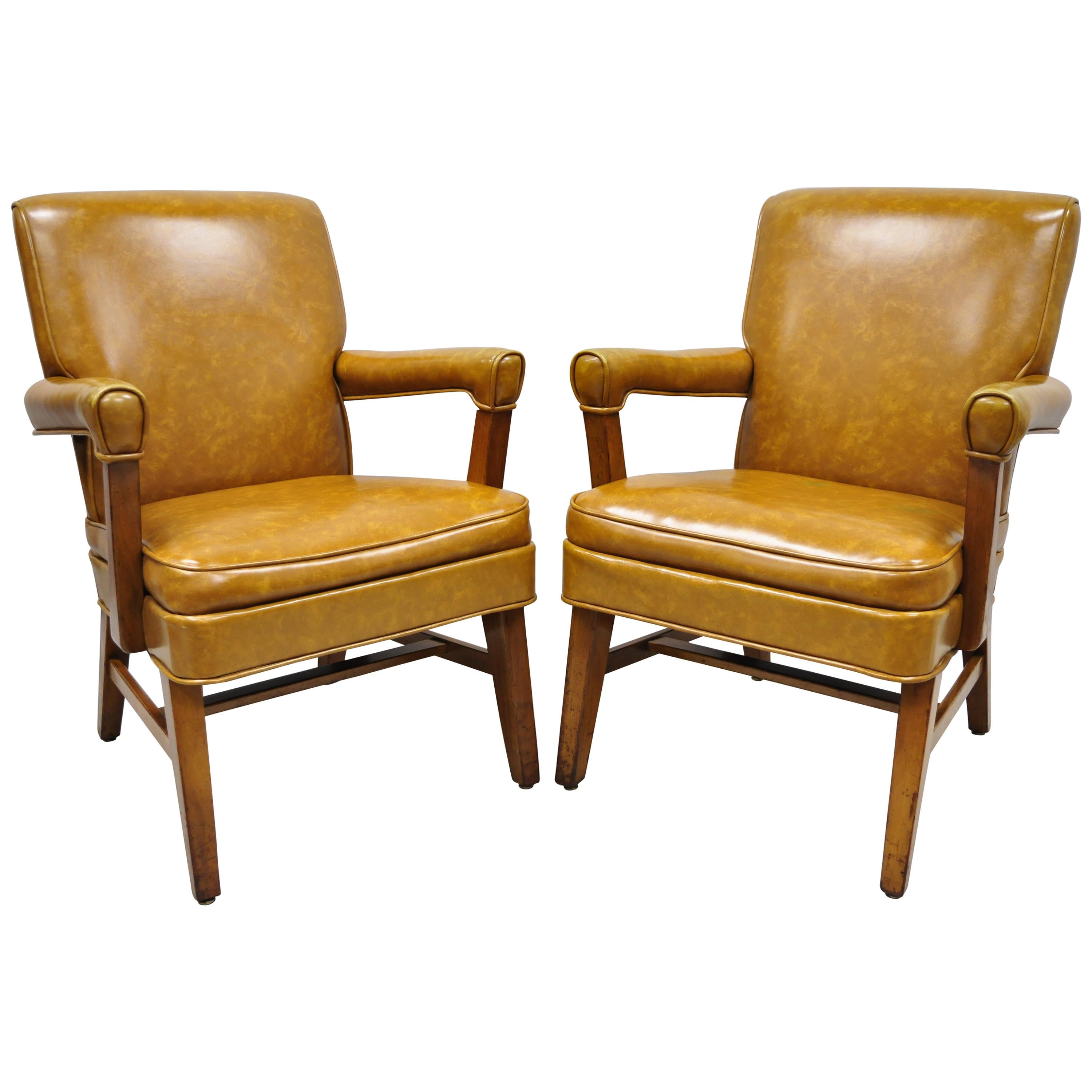 Mid-Century Modern Brown Vinyl Sculpted Wood Office Library Armchairs, a Pair