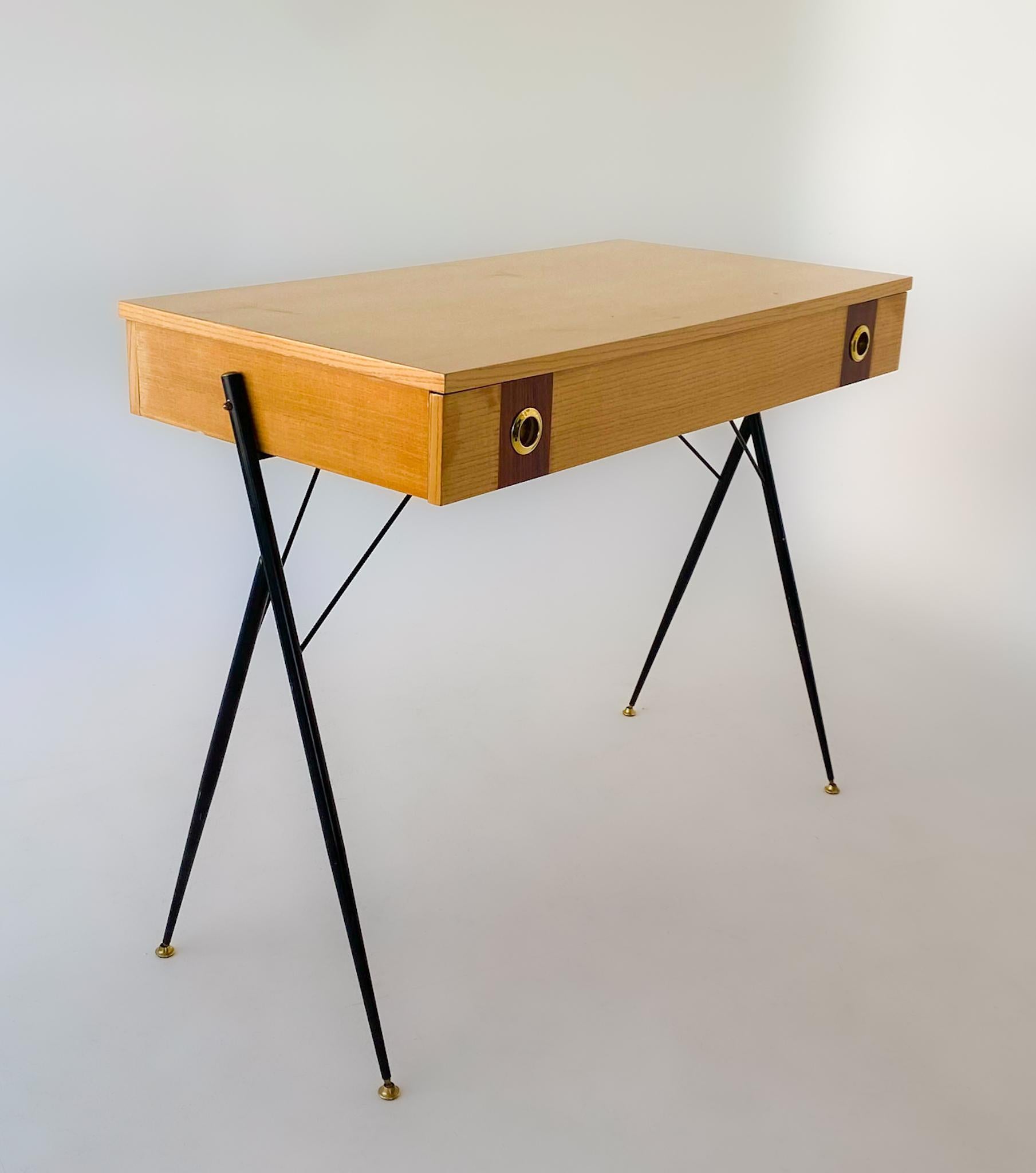 Metal Mid-Century Modern Brown Wooden Brass Desk, Italy 1950s
