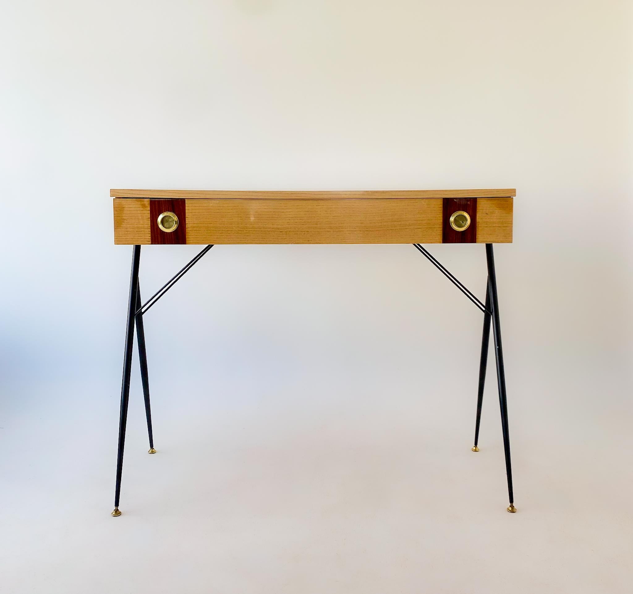 Mid-Century Modern Brown Wooden Brass Desk, Italy 1950s 1