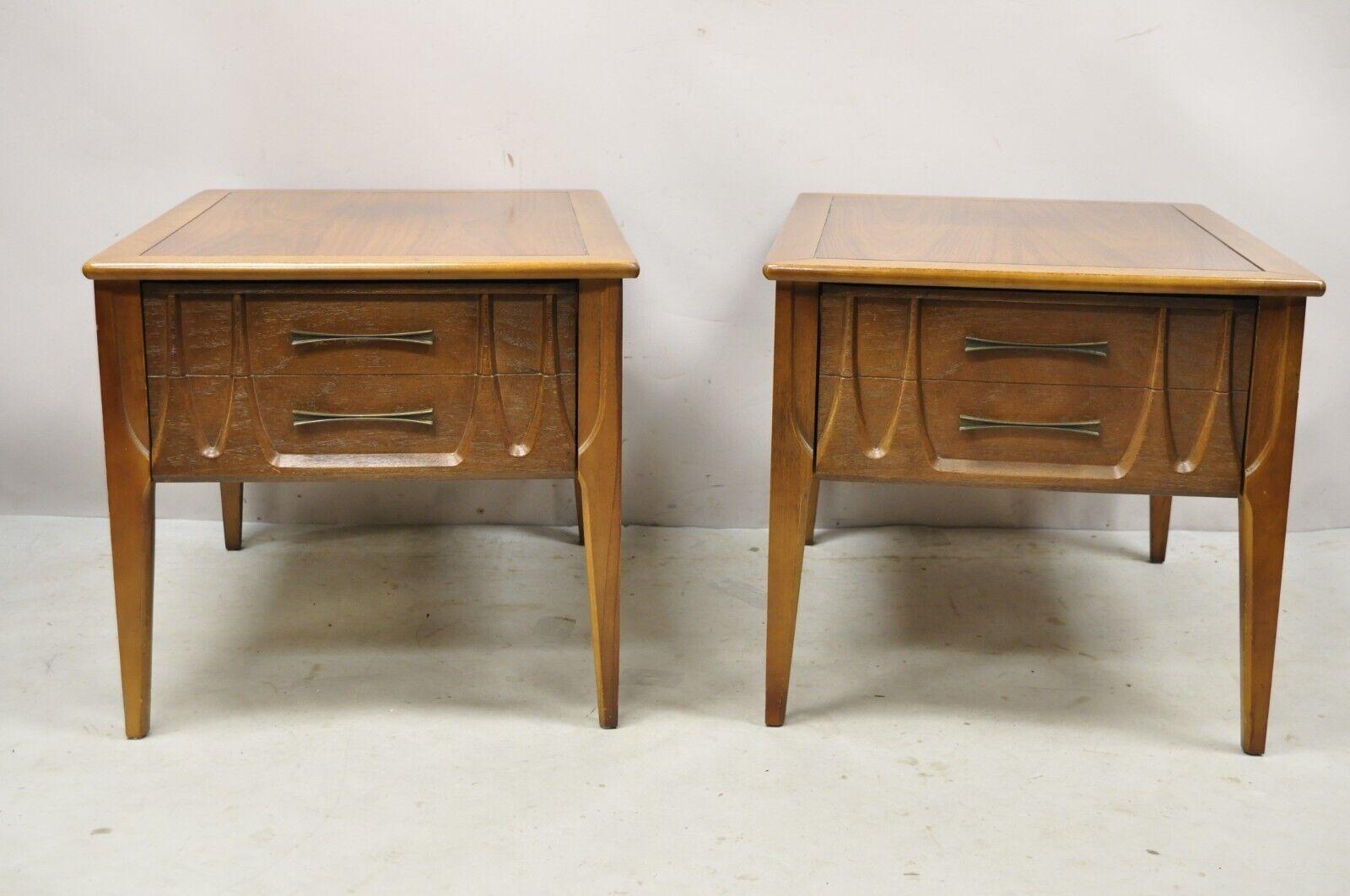 Mid Century Modern Broyhill Brasilia style sculpted walnut end tables - a pair. Item features Metal 