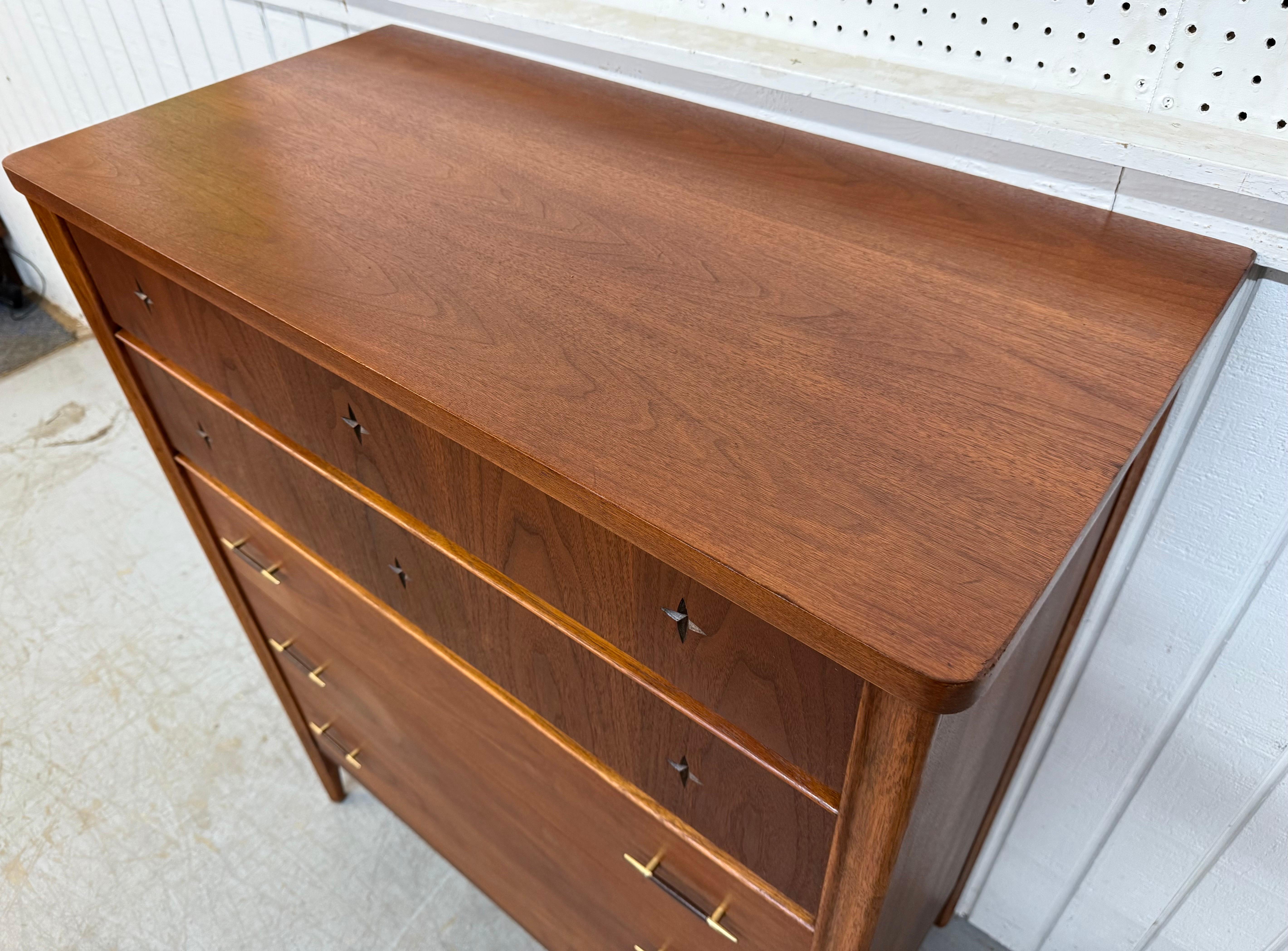 Brass Mid-Century Modern Broyhill Saga Walnut High Chest For Sale