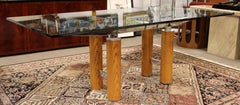 Mid-Century Modern Brueton Glass Top Chrome & Wood Base Dining Table 1970s