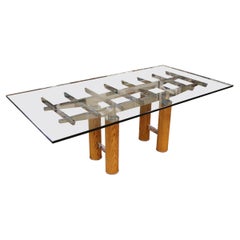 Mid-Century Modern Brueton Glass Top Chrome & Wood Base Dining Table 1970s