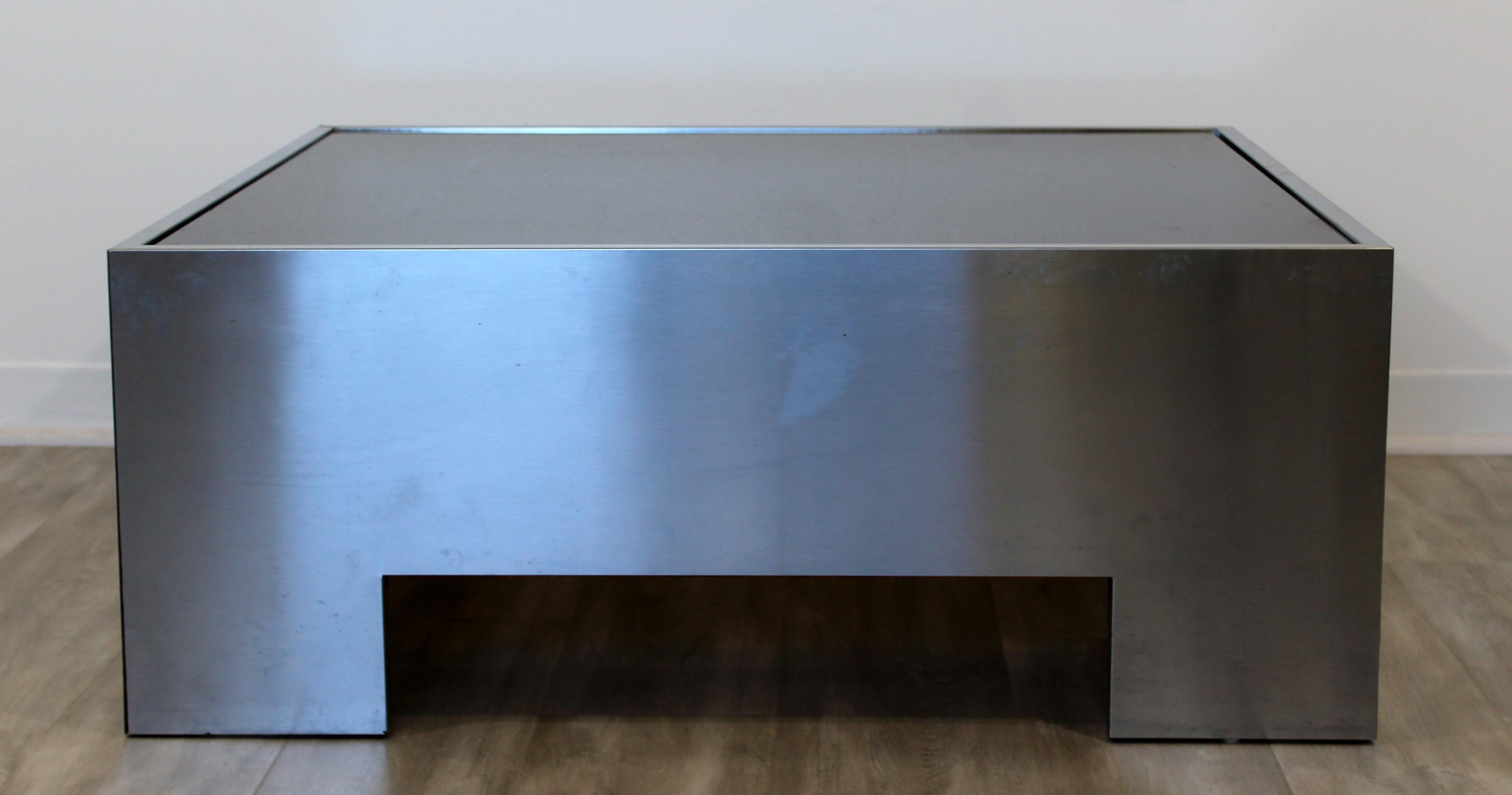 American Mid-Century Modern Brueton Square Brushed Aluminum Smoked Glass Coffee Table