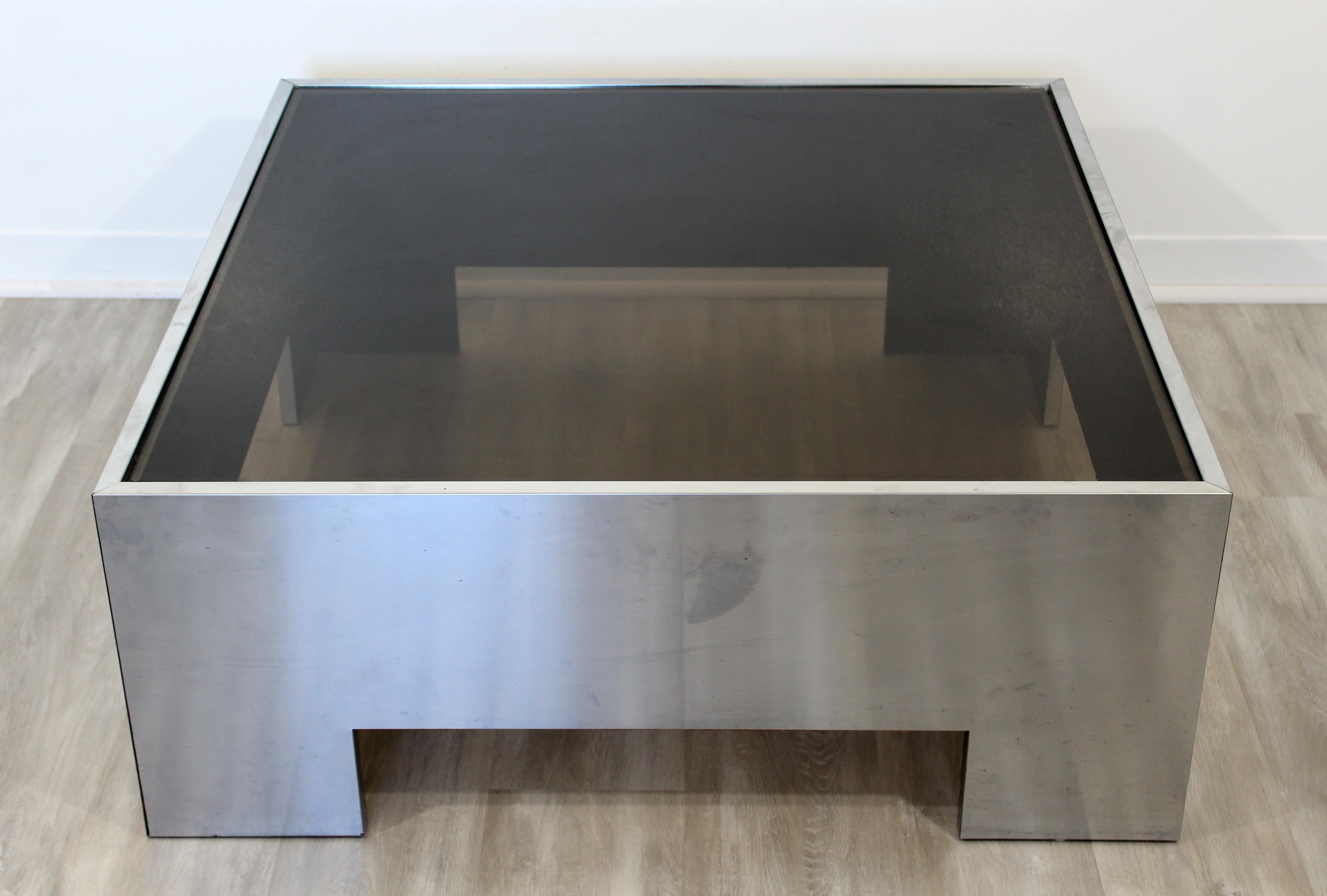 Mid-Century Modern Brueton Square Brushed Aluminum Smoked Glass Coffee Table In Good Condition In Keego Harbor, MI