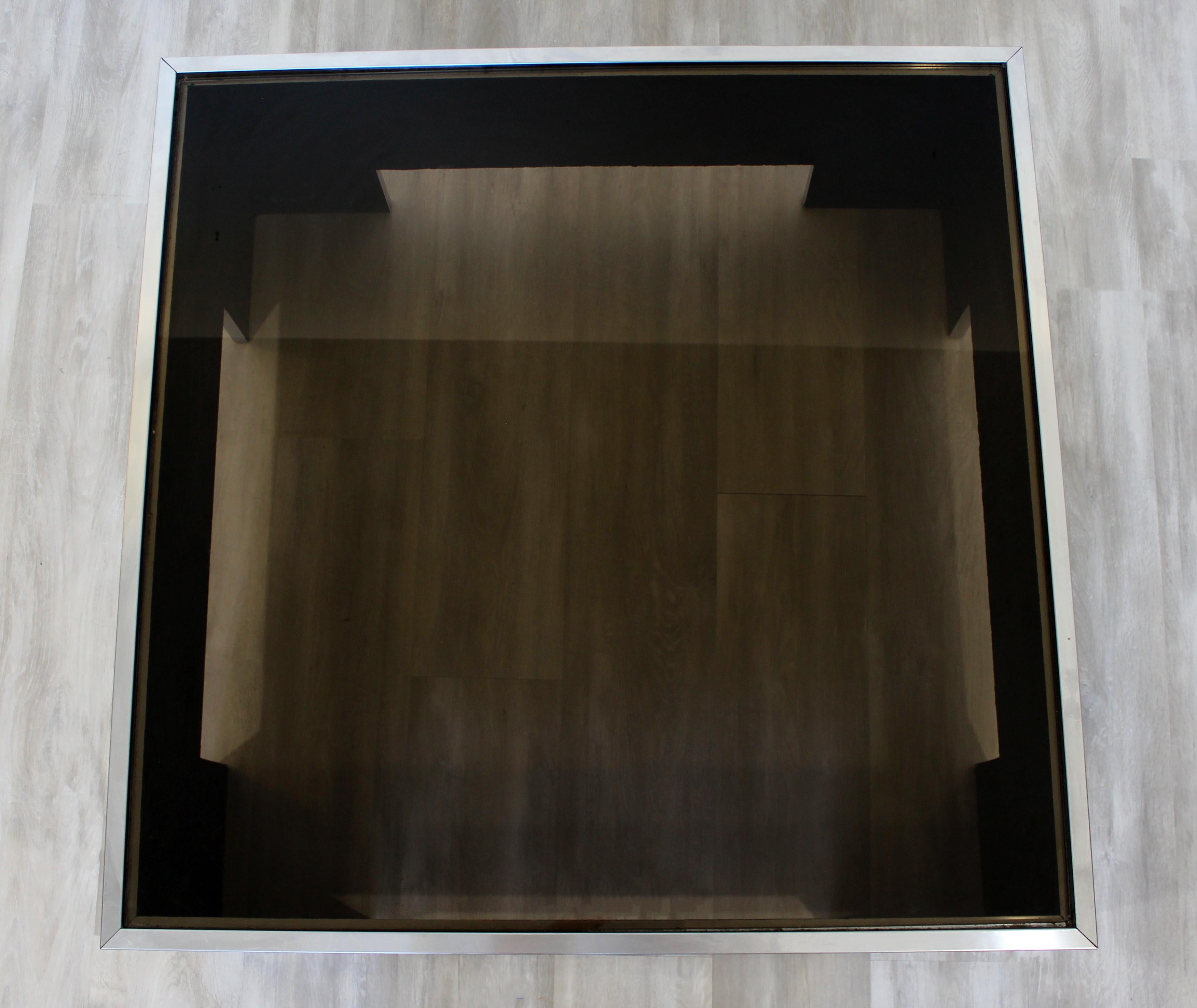 Late 20th Century Mid-Century Modern Brueton Square Brushed Aluminum Smoked Glass Coffee Table