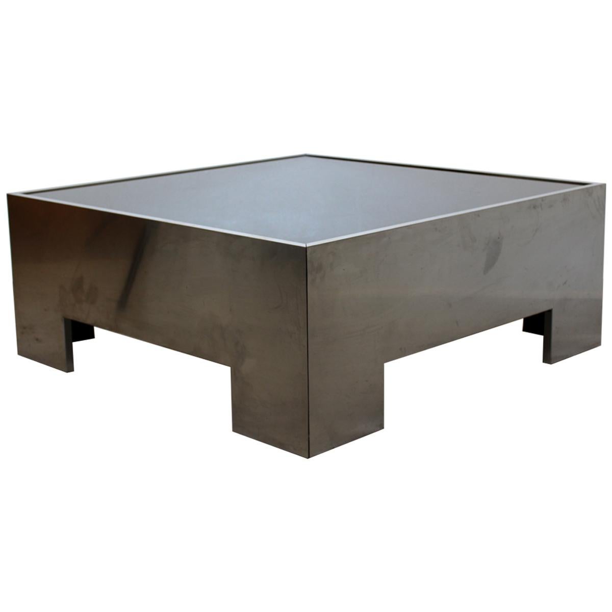 Mid-Century Modern Brueton Square Brushed Aluminum Smoked Glass Coffee Table