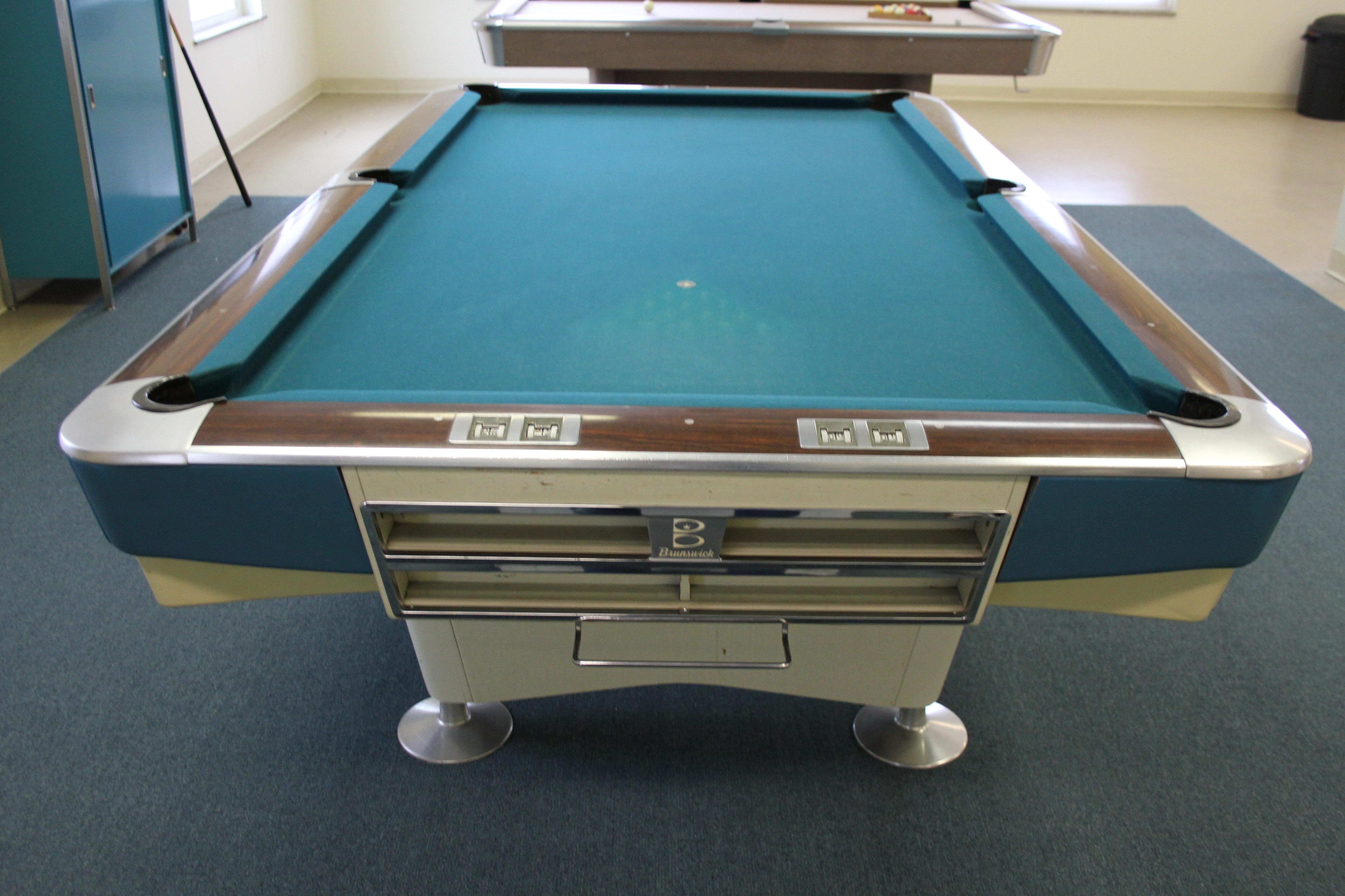 Mid-Century Modern Brunswick Gold Crown I Billiards Pool Table with Blue Aprons 1