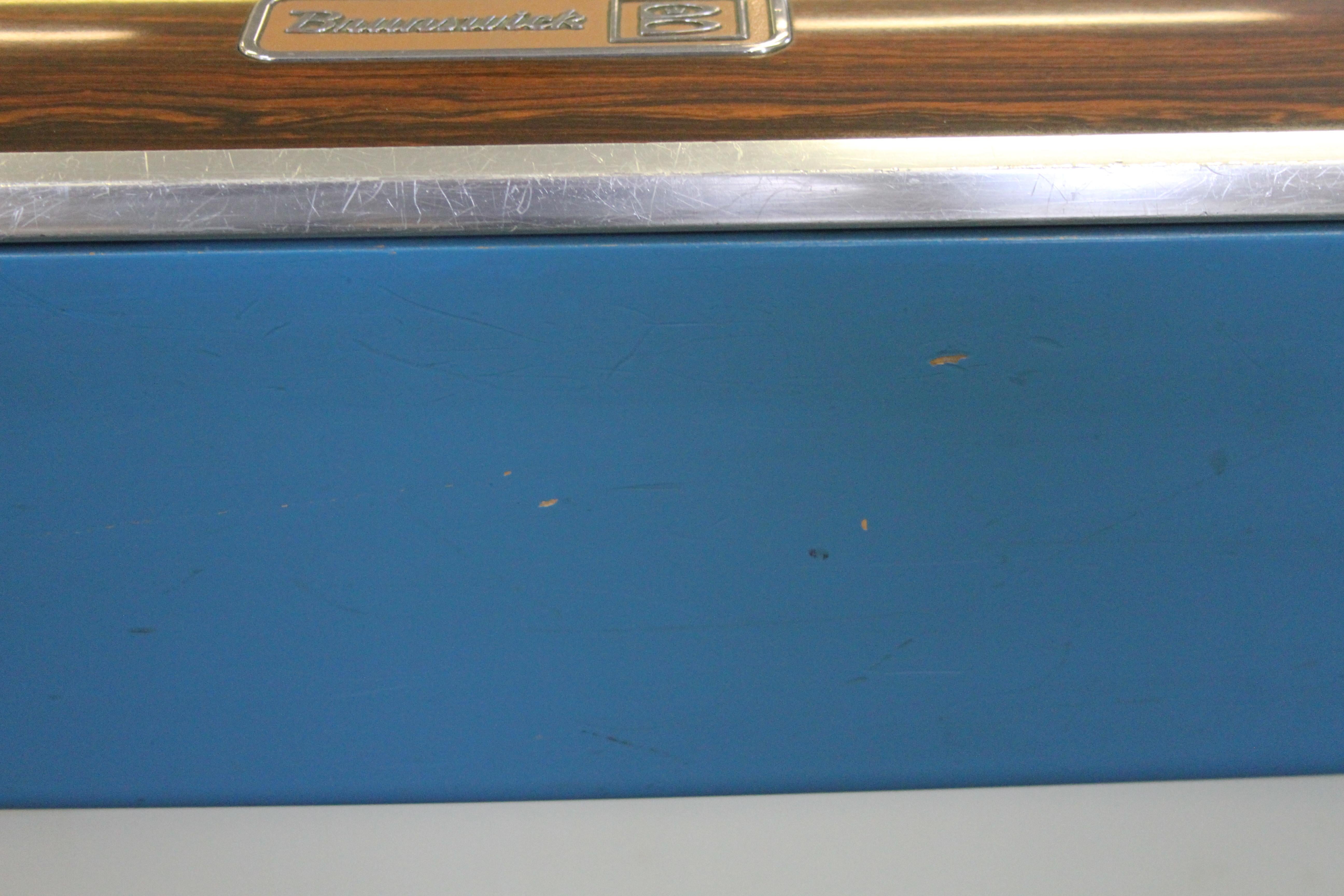 Mid-Century Modern Brunswick Gold Crown I Billiards Pool Table with Blue Aprons 4