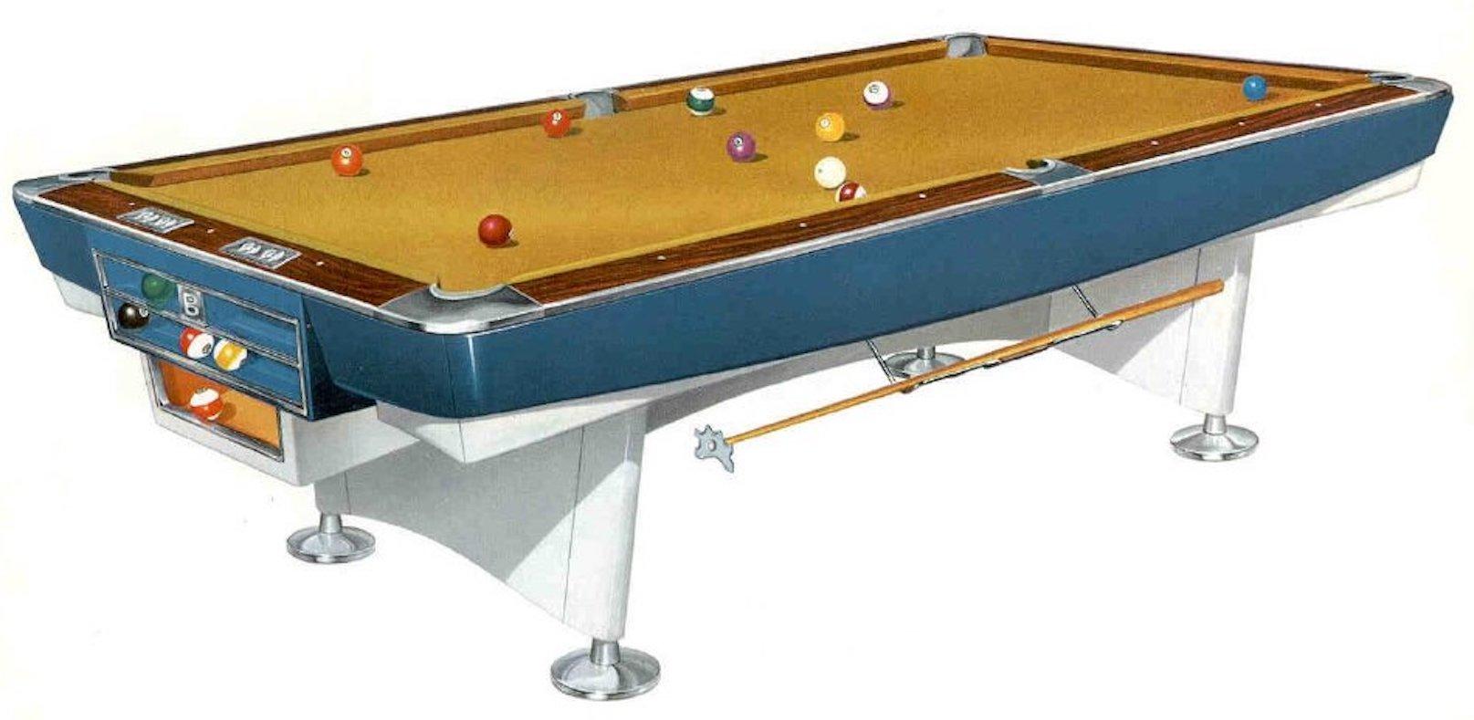 Mid-Century Modern Brunswick Gold Crown I Billiards Pool Table with Blue Aprons 10