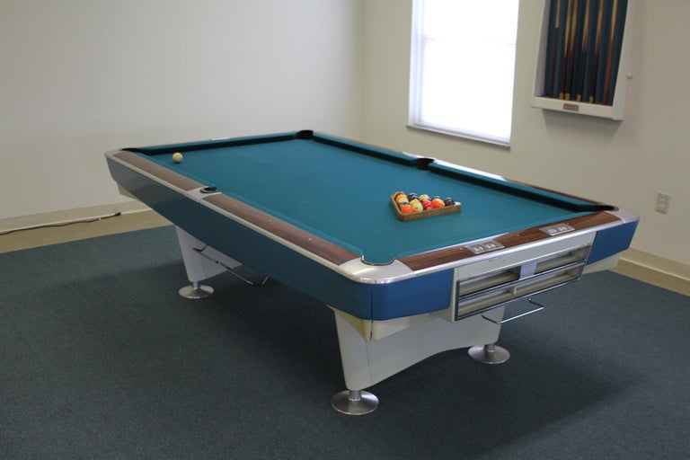MidCentury Modern Brunswick Gold Crown I Billiards Pool Table with Blue Aprons at 1stDibs