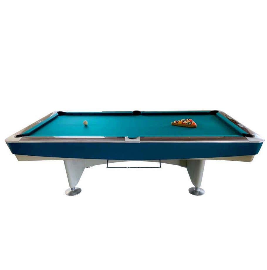 Mid-Century Modern Brunswick Gold Crown I Billiards Pool Table with Blue Aprons