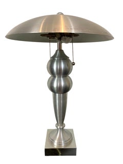 Mid-Century Modern Brushed Aluminum Lamp and Shade with Lucite Finial, French